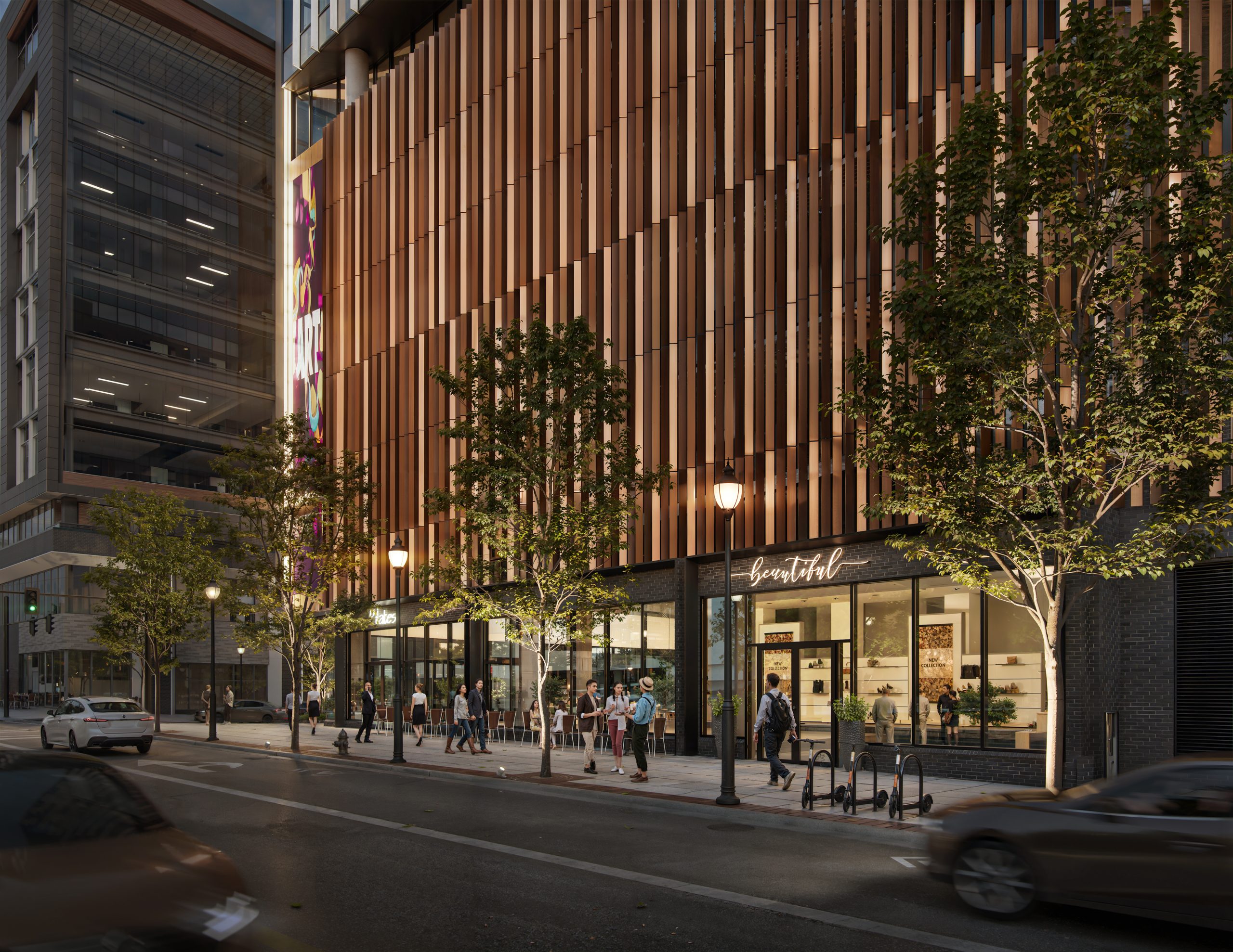 T3 Bloc 83 Raleigh downtown commercial exterior architectural rendering by Bogza.com. A dusk pedestrian-level view of the new 18-story development's ground floor, featuring glowing boutique retail shops, vibrant sidewalk activity, street trees, and the building's distinctive vertical wood exterior paneling.