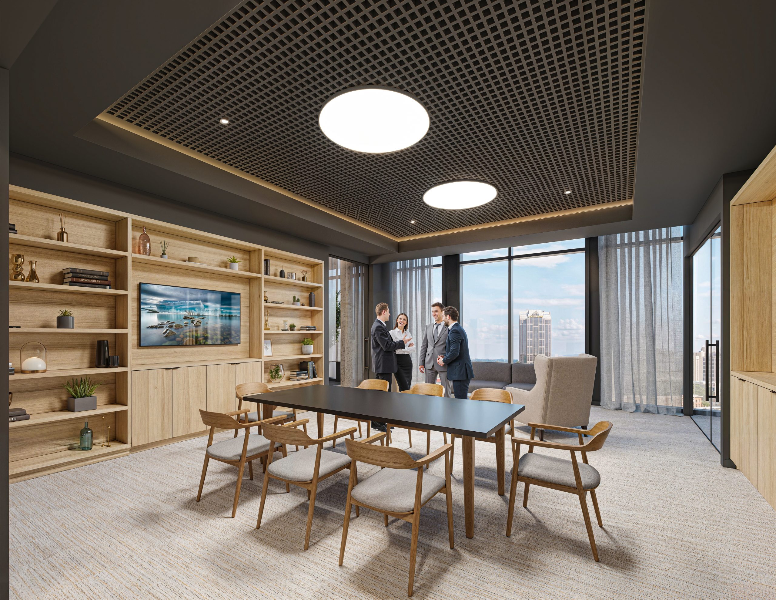 Tower 3 at Bloc 83 Raleigh executive conference room interior rendering by Bogza.com. A sophisticated commercial meeting space featuring a long black conference table with wood chairs, a large built-in wooden shelving unit with a display monitor, an acoustic grid ceiling, and panoramic views of the Raleigh skyline.