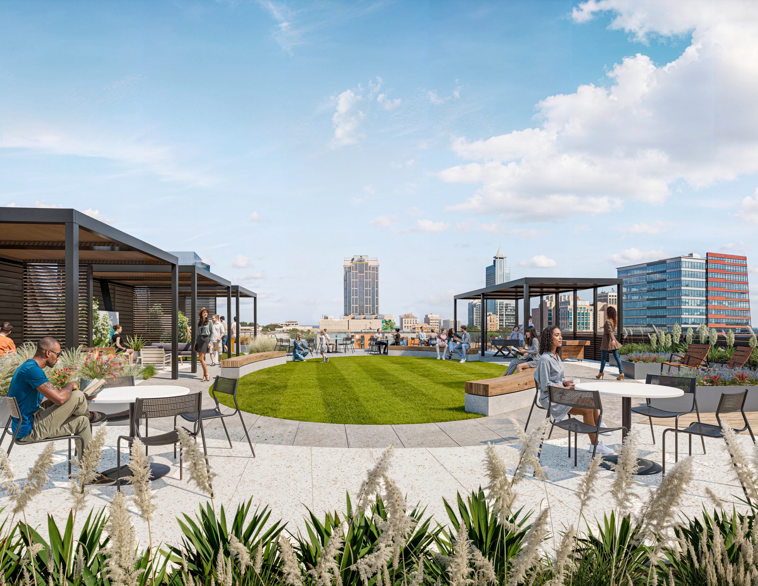 Tower 3 at Bloc 83 Raleigh rooftop terrace amenity rendering by Bogza.com. A beautiful daytime view of the expansive outdoor sky deck, featuring a perfectly manicured circular grass lawn, modern metal pergolas, comfortable lounge seating, and sweeping views of the downtown Raleigh skyline.
