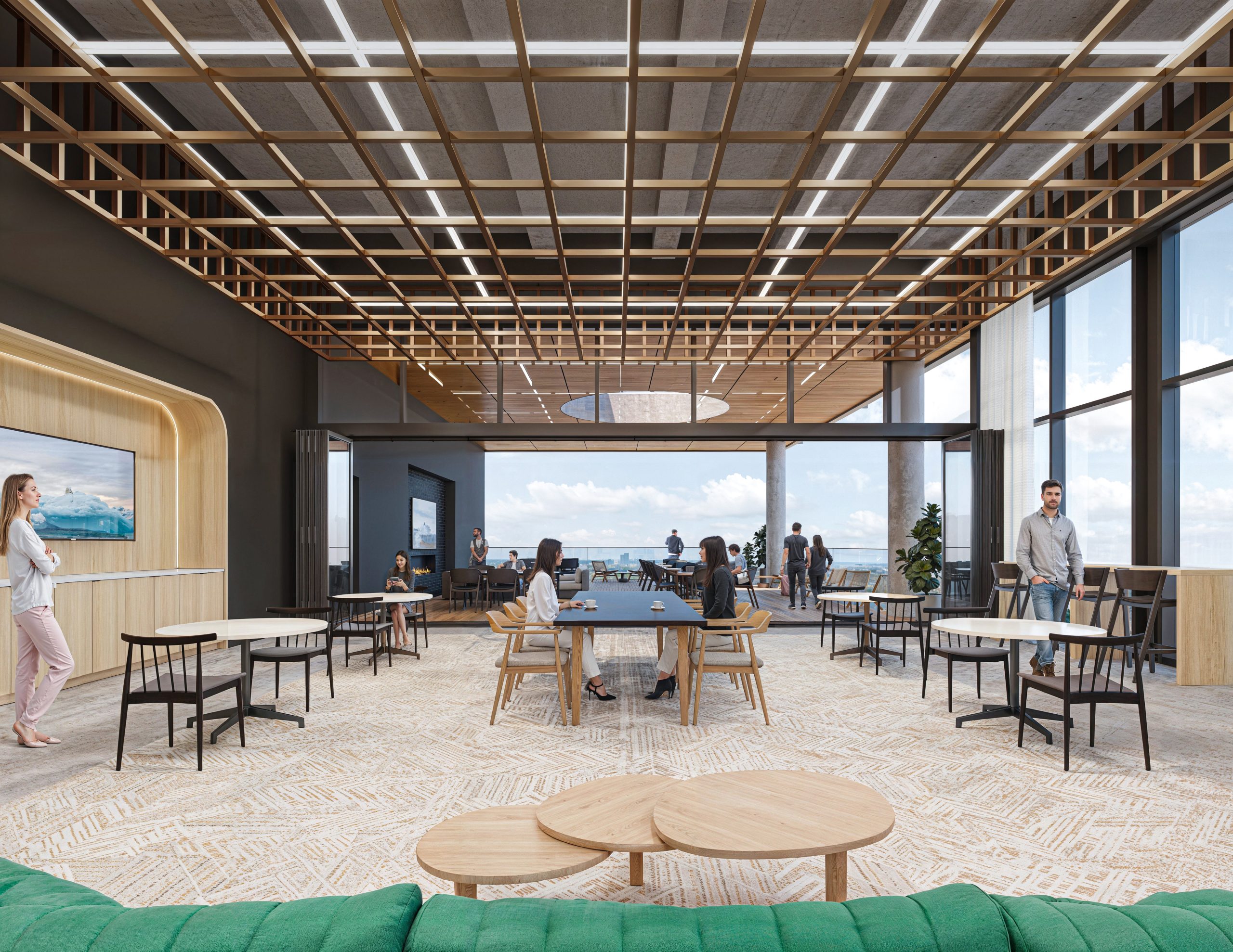 Tower 3 at Bloc 83 Raleigh indoor-outdoor sky lounge interior rendering by Bogza.com. A luxurious high-rise tenant amenity space featuring a decorative wood-grid ceiling, contemporary seating areas, and a massive retractable glass wall opening directly to the outdoor rooftop terrace.