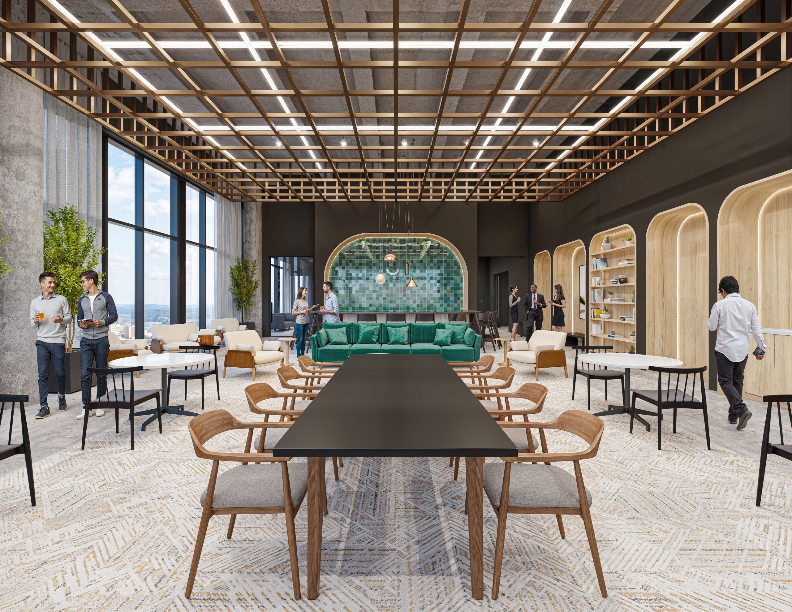 Tower 3 at Bloc 83 Raleigh resident and tenant sky lounge interior rendering by Bogza.com. A sophisticated communal workspace featuring a long black collaborative table, a vibrant green velvet sofa, a striking green tile bar backsplash, and warm wood-paneled arched alcoves with bookshelves.