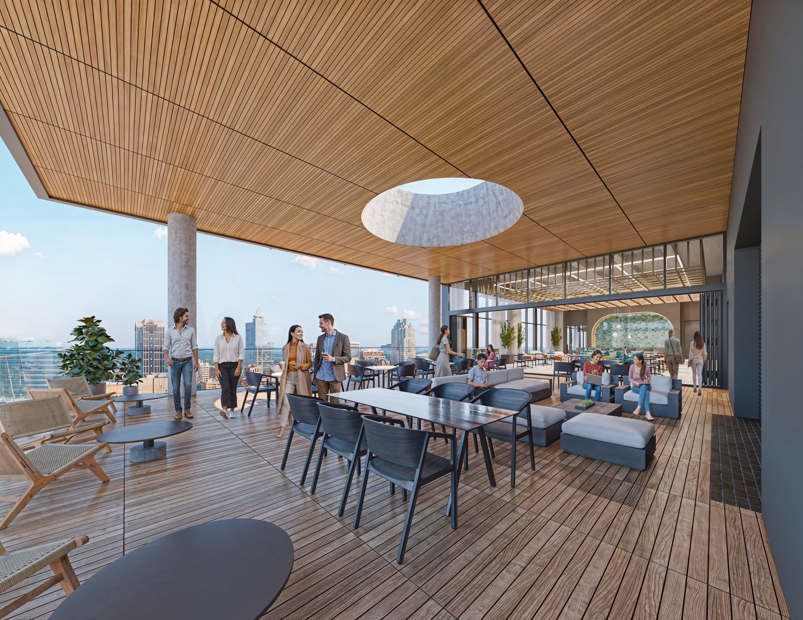 Tower 3 at Bloc 83 Raleigh covered outdoor sky terrace rendering by Bogza.com. A stunning elevated outdoor lounge area featuring a sleek wood-paneled ceiling with a circular cutout oculus, comfortable modern seating, large dining tables, and expansive views over the Raleigh cityscape.
