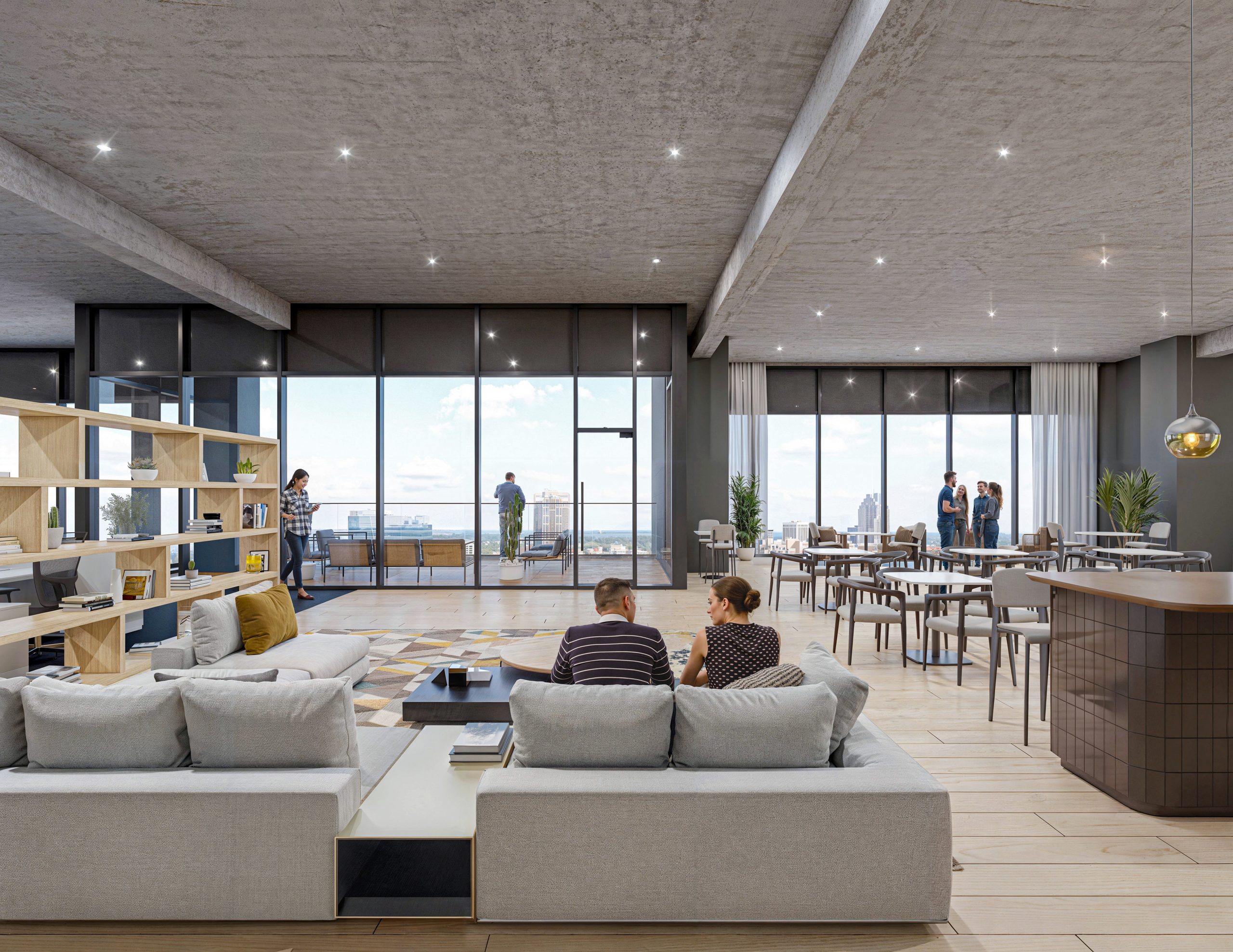 Tower 3 at Bloc 83 Raleigh modern tenant lounge interior architectural rendering by Bogza.com. A bright, open-concept commercial amenity space showcasing a massive grey modular sofa, a wooden display shelving unit, an exposed concrete ceiling, and expansive floor-to-ceiling windows overlooking a balcony.