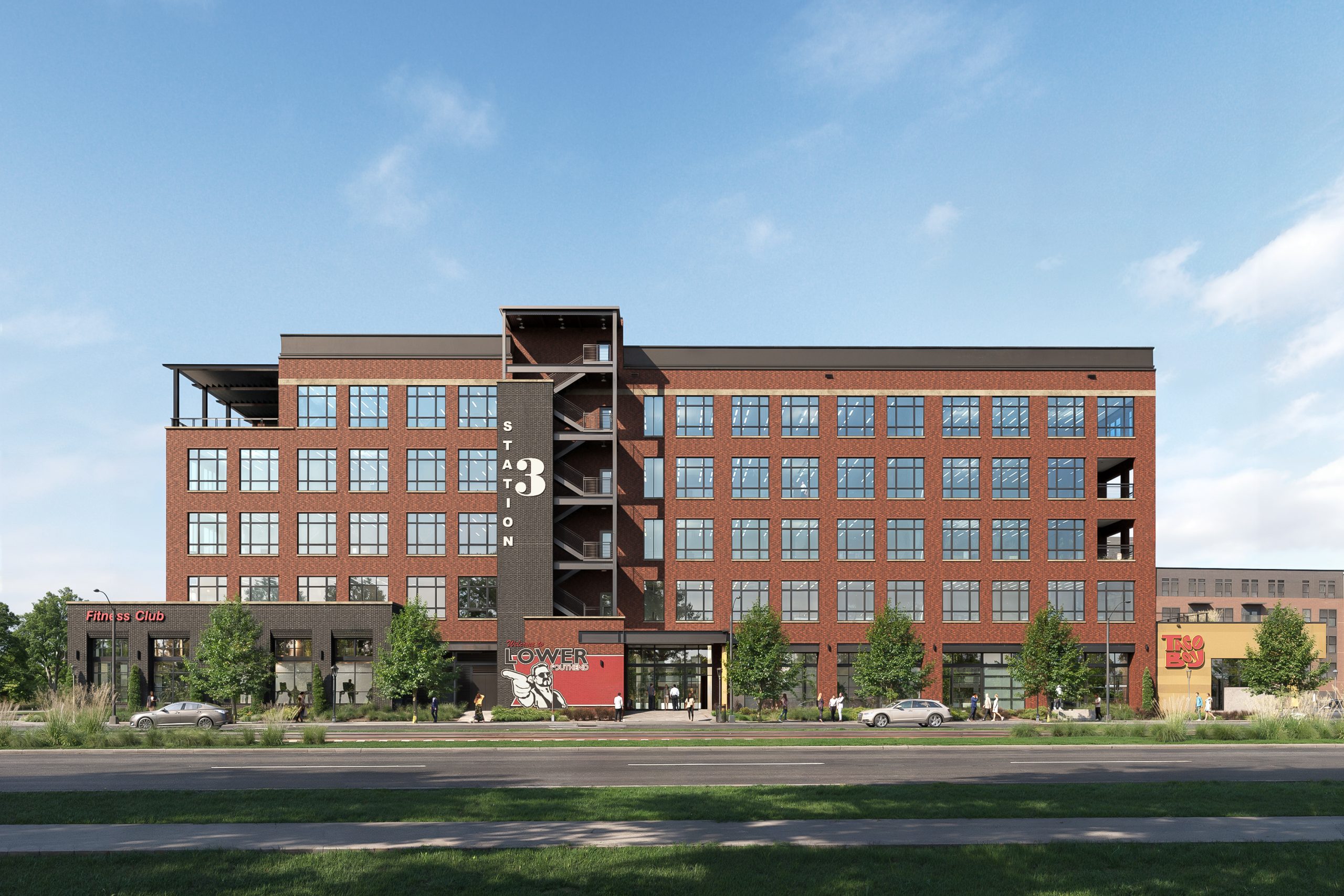 The Station at LoSo Charlotte office building exterior architectural rendering by Bogza.com. A bright daytime street-level view of Station 3, a 5-story creative office building, showcasing a modern industrial warehouse design with a red brick facade, dark metal accents, and ground-floor retail.