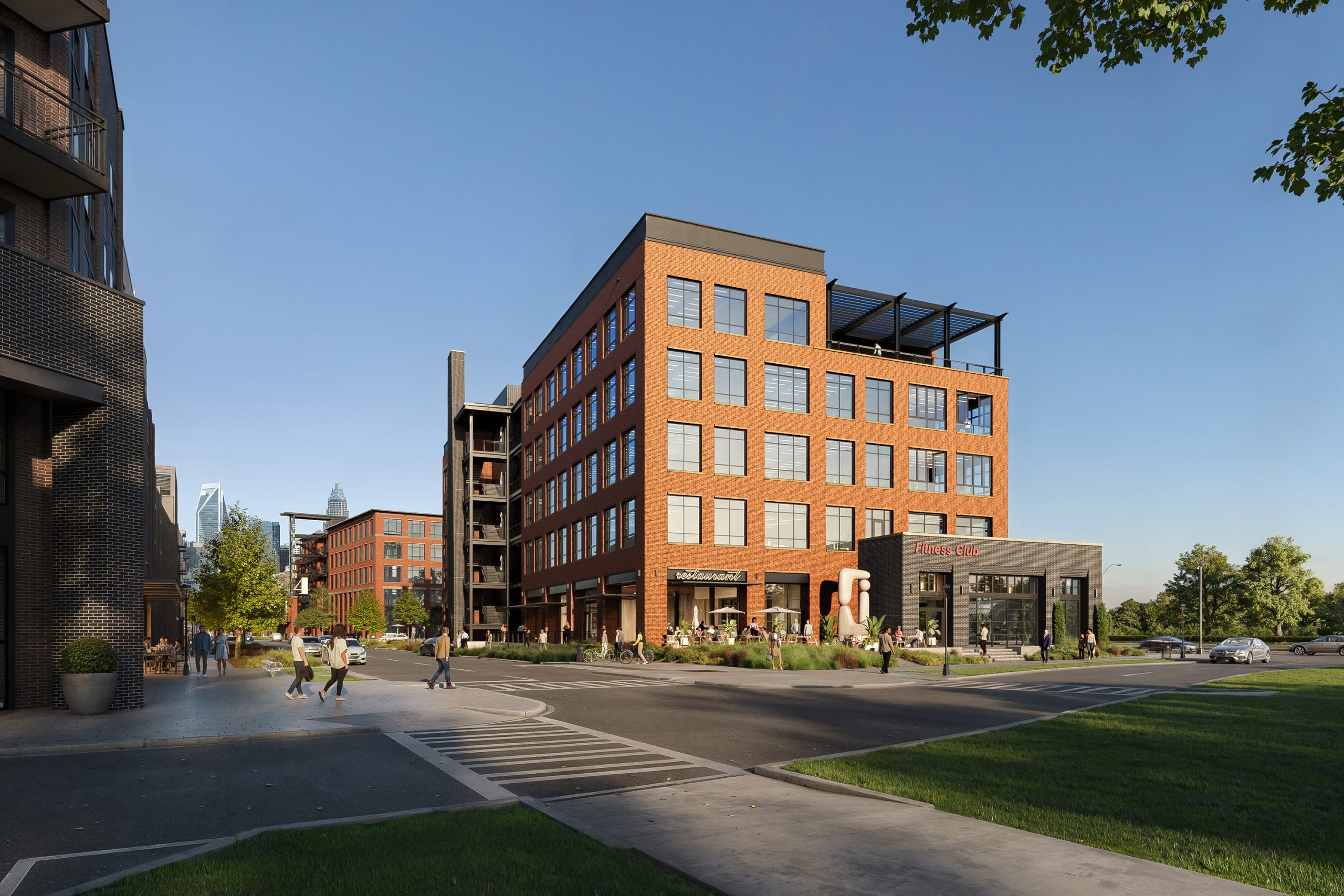 The Station at LoSo Charlotte mixed-use development exterior rendering by Bogza.com. A daytime street-level corner view highlighting the modern 5-story brick and steel creative office building, a vibrant ground-floor restaurant patio with outdoor seating, and pedestrian activity.