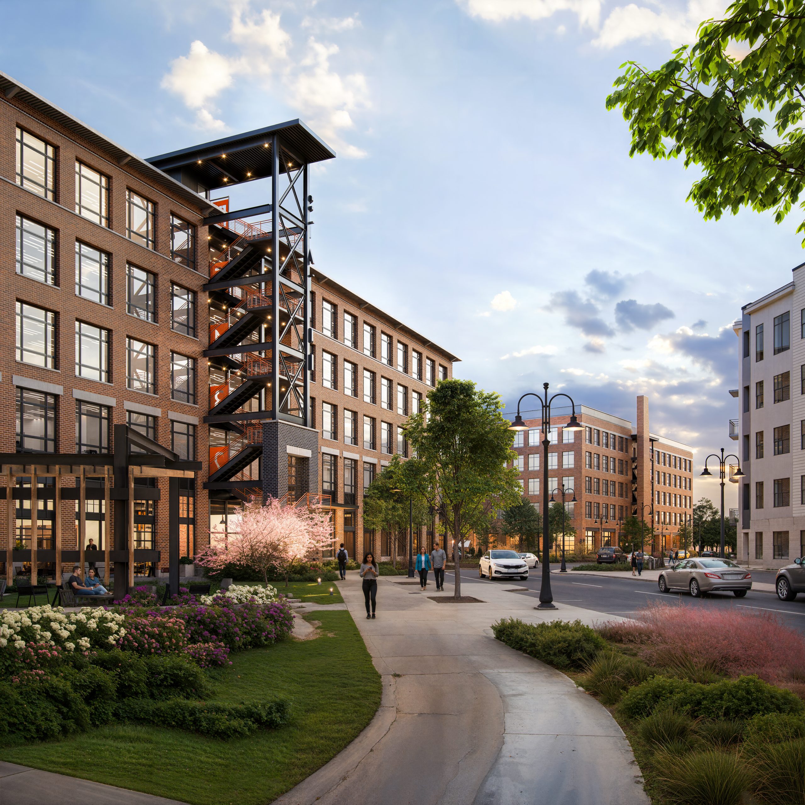 The Station at LoSo Charlotte pedestrian plaza exterior rendering by Bogza.com. A daytime view of the vibrant mixed-use community in Lower South End, featuring landscaped pedestrian walkways, active street life, modern brick office buildings, and an open-air covered pavilion.
