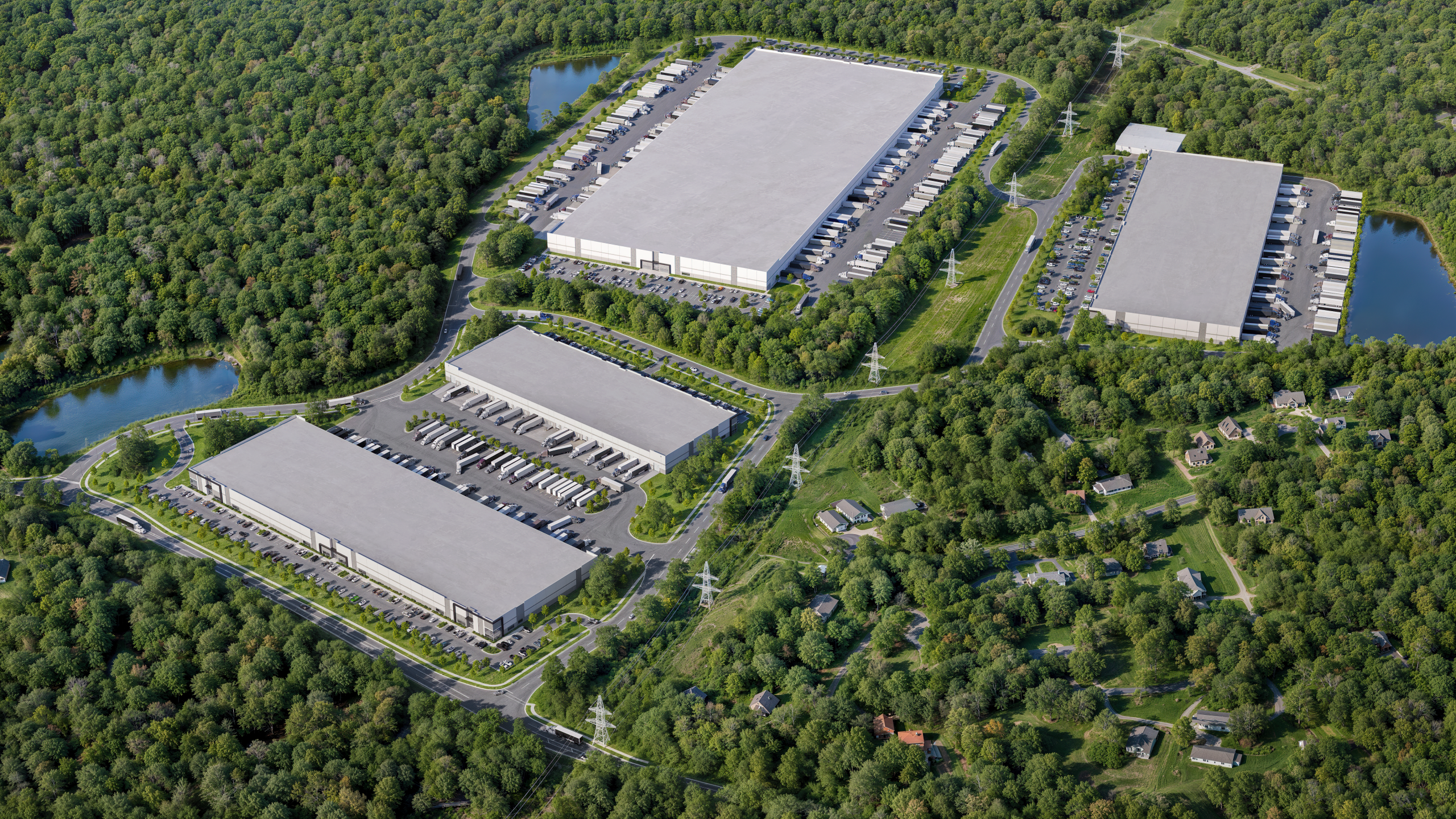Landis Ridge North Carolina logistics center Phase 2 aerial rendering by Bogza.com. A daytime drone view over the alternate site plan for the 150-acre industrial park, highlighting three massive Class A warehouse facilities, extensive truck loading docks, retention ponds, and dense surrounding tree canopies.