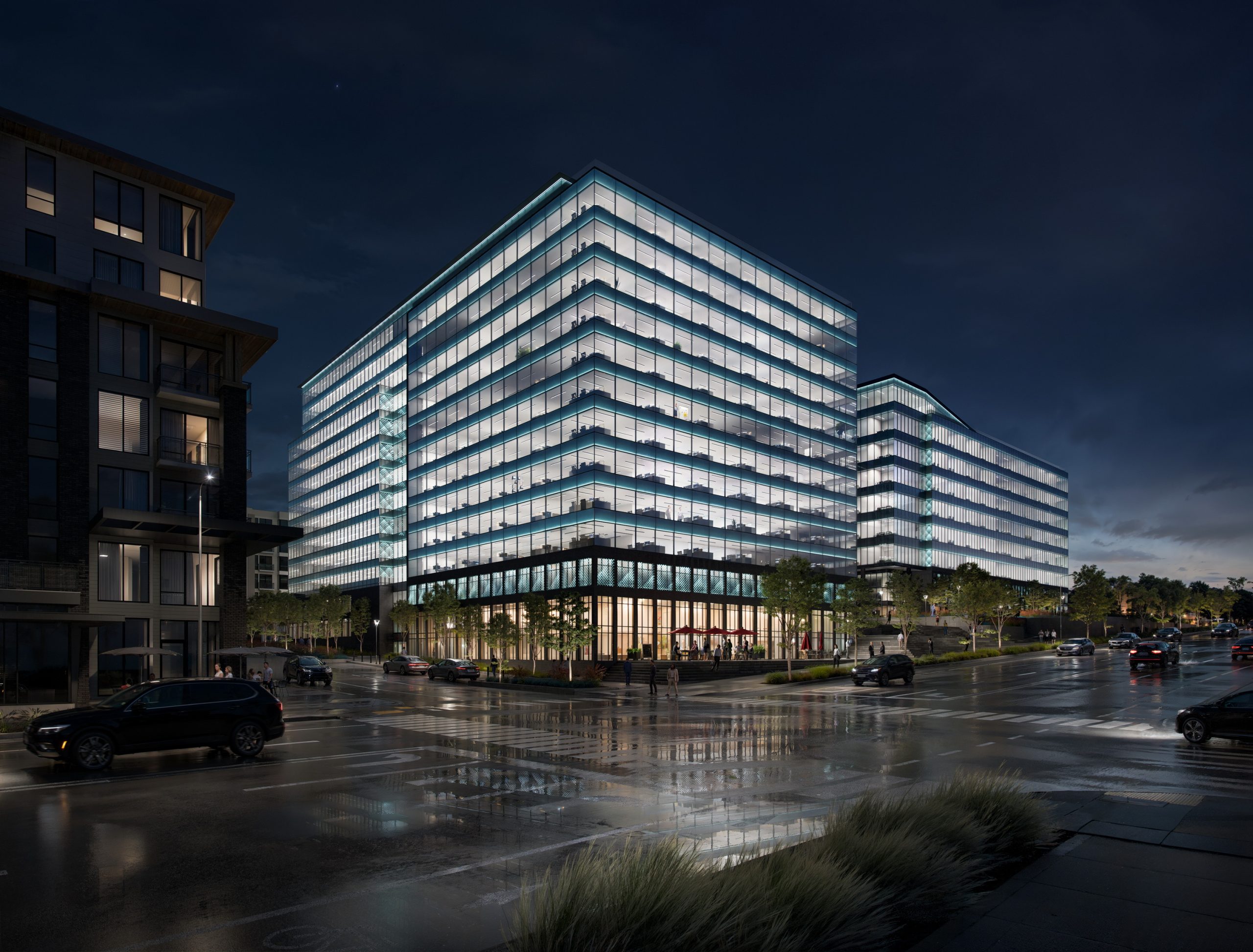 12th Place Development Bellevue dusk street-level architectural rendering by Bogza.com. A modern glass office building in the Spring District featuring illuminated interiors, glowing blue horizontal accents, a warm street-level retail base, and pedestrians.