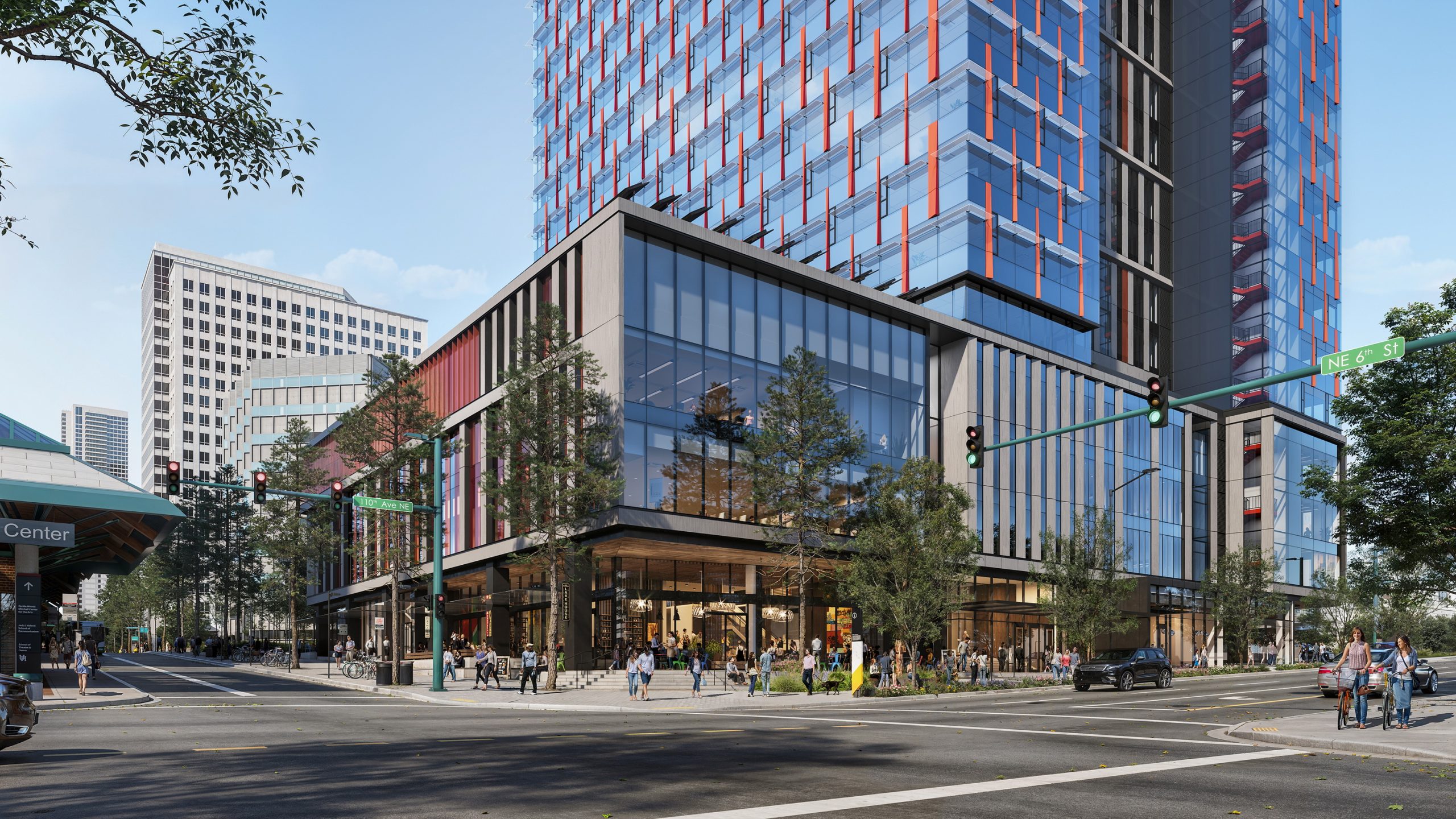 600 Bellevue downtown architectural exterior rendering by Bogza.com. A street-level corner view of Amazon's 43-story office tower showcasing a modern high-rise with blue glass, orange vertical accents, a retail podium, and the adjacent Transit Center.