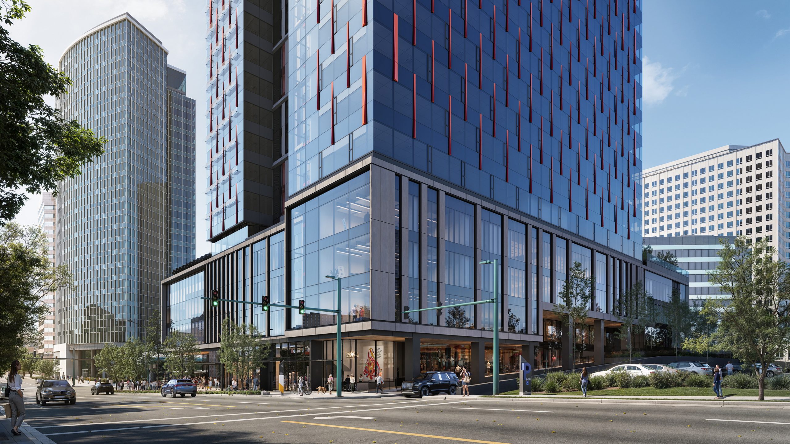 600 Bellevue downtown exterior architectural rendering by Bogza.com. A dynamic street-level view highlighting Amazon's 600-foot skyscraper featuring a sleek blue glass facade, an expansive transparent retail base, parking entrance, and pedestrian activity.