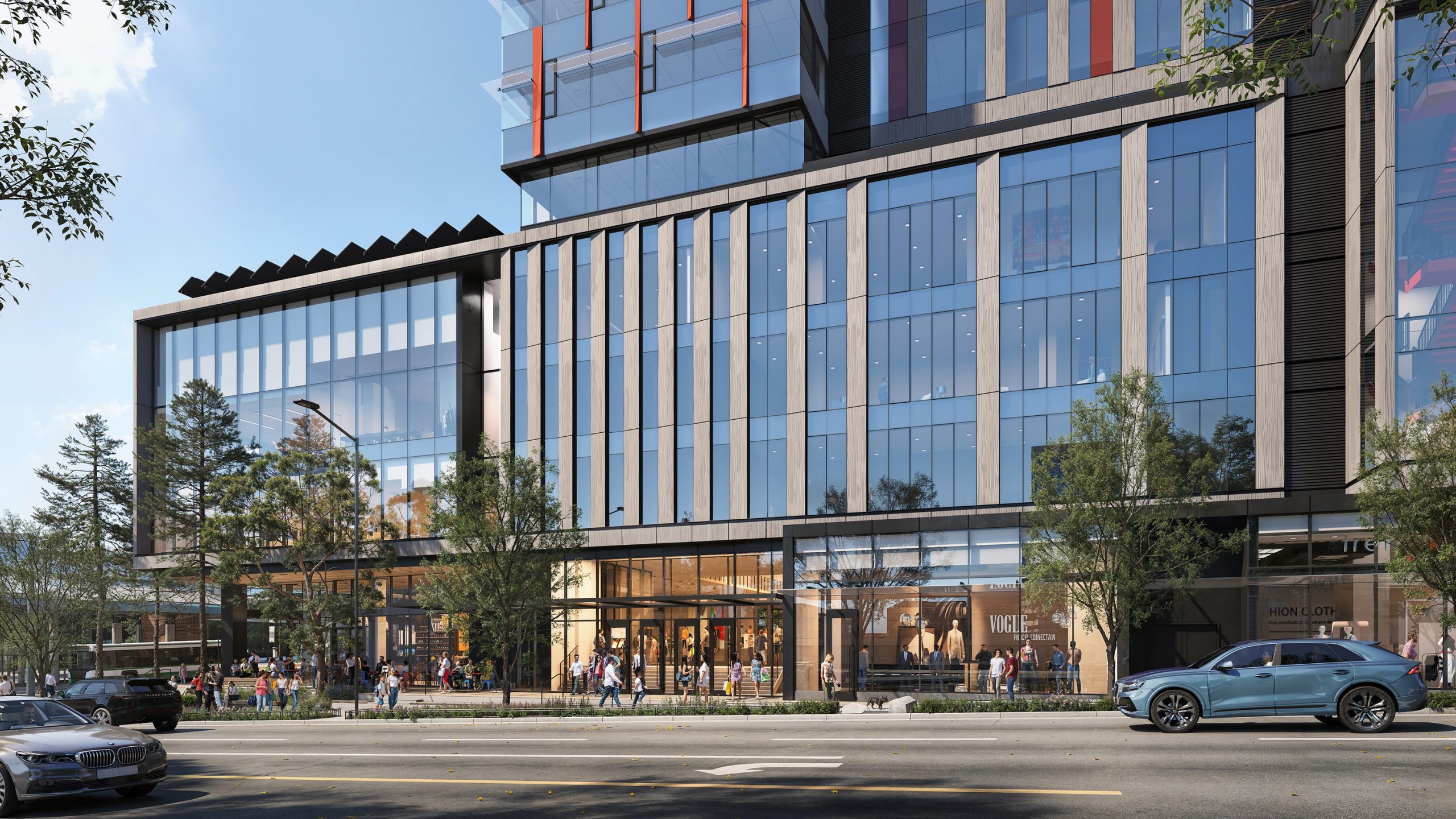 600 Bellevue retail podium architectural rendering by Bogza.com. A bright street-level view of the commercial base of Amazon's downtown tower featuring modern storefronts, expansive glass facades with vertical detailing, and active pedestrians.