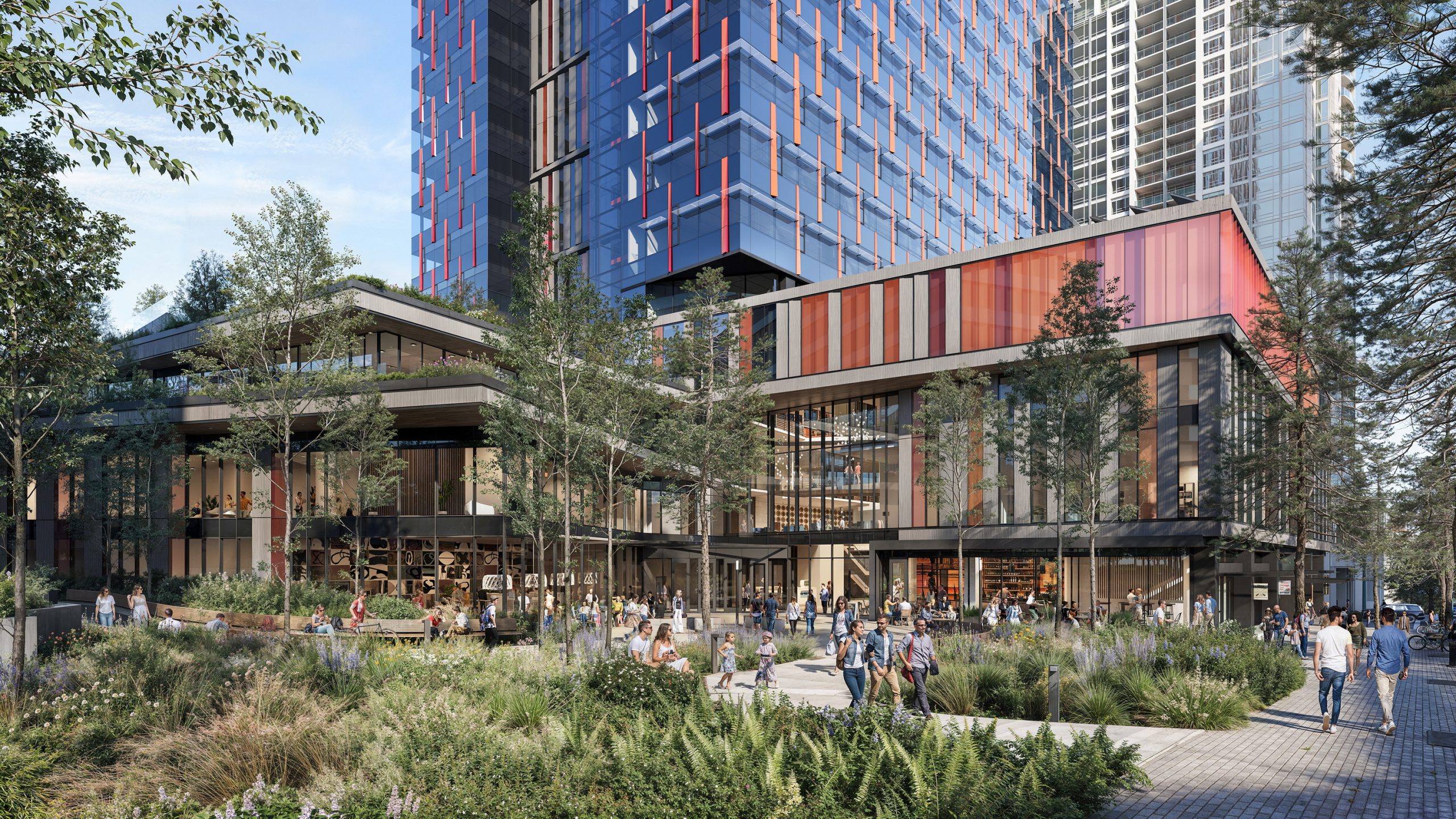 600 Bellevue public plaza architectural rendering by Bogza.com. A vibrant outdoor pedestrian space at the base of Amazon's high-rise, featuring lush native landscaping, seating areas, active retail storefronts, and a modern glass podium.