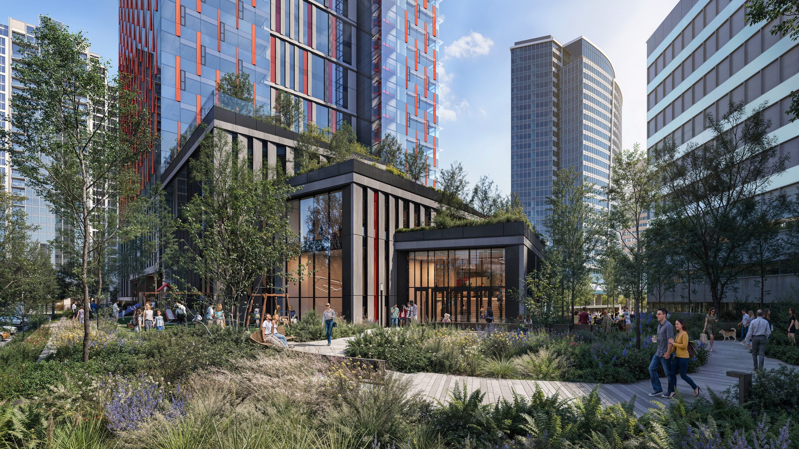 600 Bellevue landscaped courtyard architectural rendering by Bogza.com. A street-level view showcasing the lushly planted pedestrian plaza leading to the modern, glass-enclosed retail and amenity base of the downtown office tower.