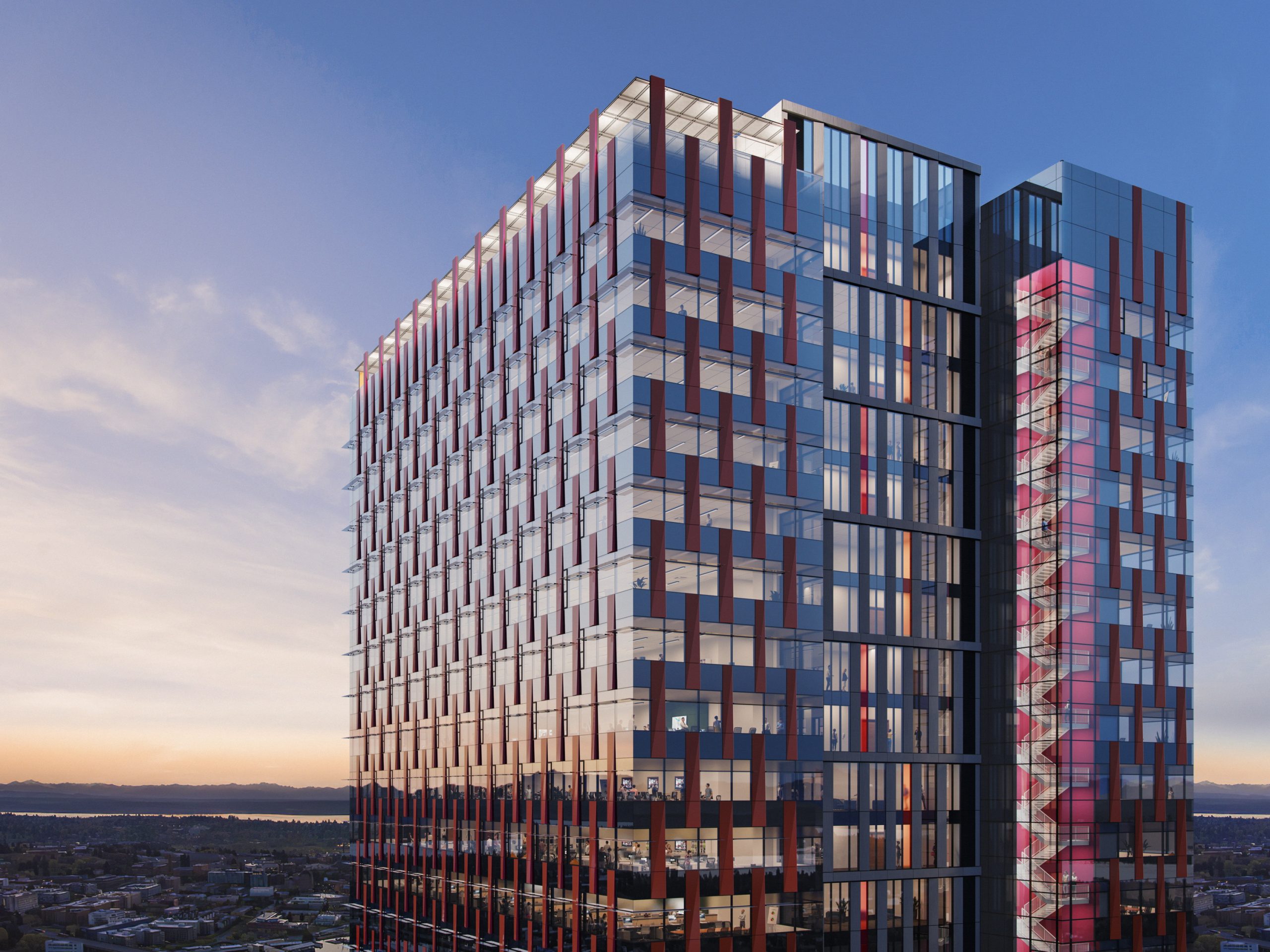 600 Bellevue high-rise facade architectural rendering by Bogza.com. A close-up twilight view of the office tower's exterior, emphasizing the rhythmic pattern of red vertical fins, glowing interior office spaces, and the exposed architectural stairwell.