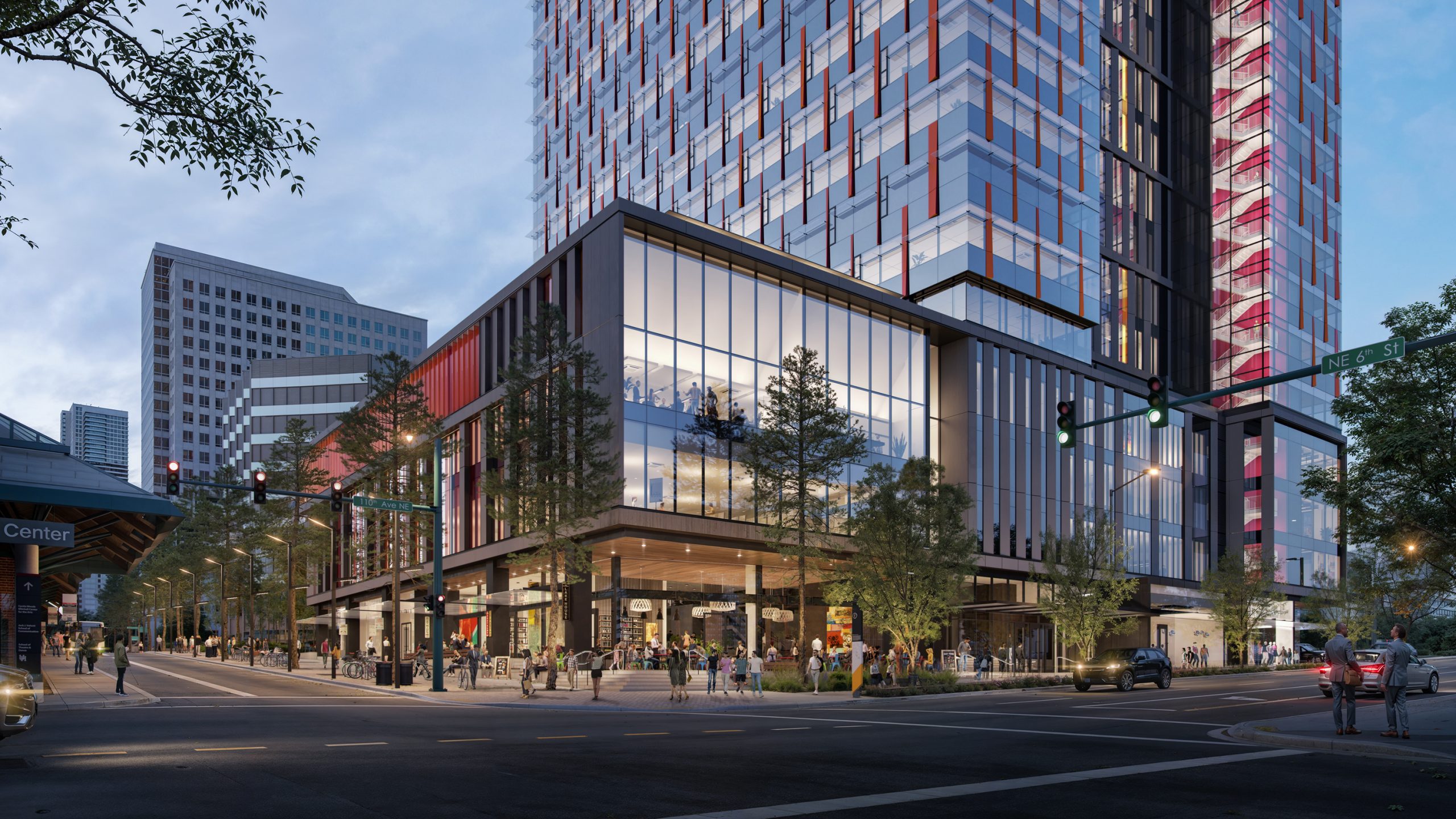 600 Bellevue street-level architectural rendering by Bogza.com. A twilight corner view at NE 6th St and 110th Ave NE showcasing the tower's warm, active retail podium, glowing multi-story fitness center, pedestrians, and street trees.