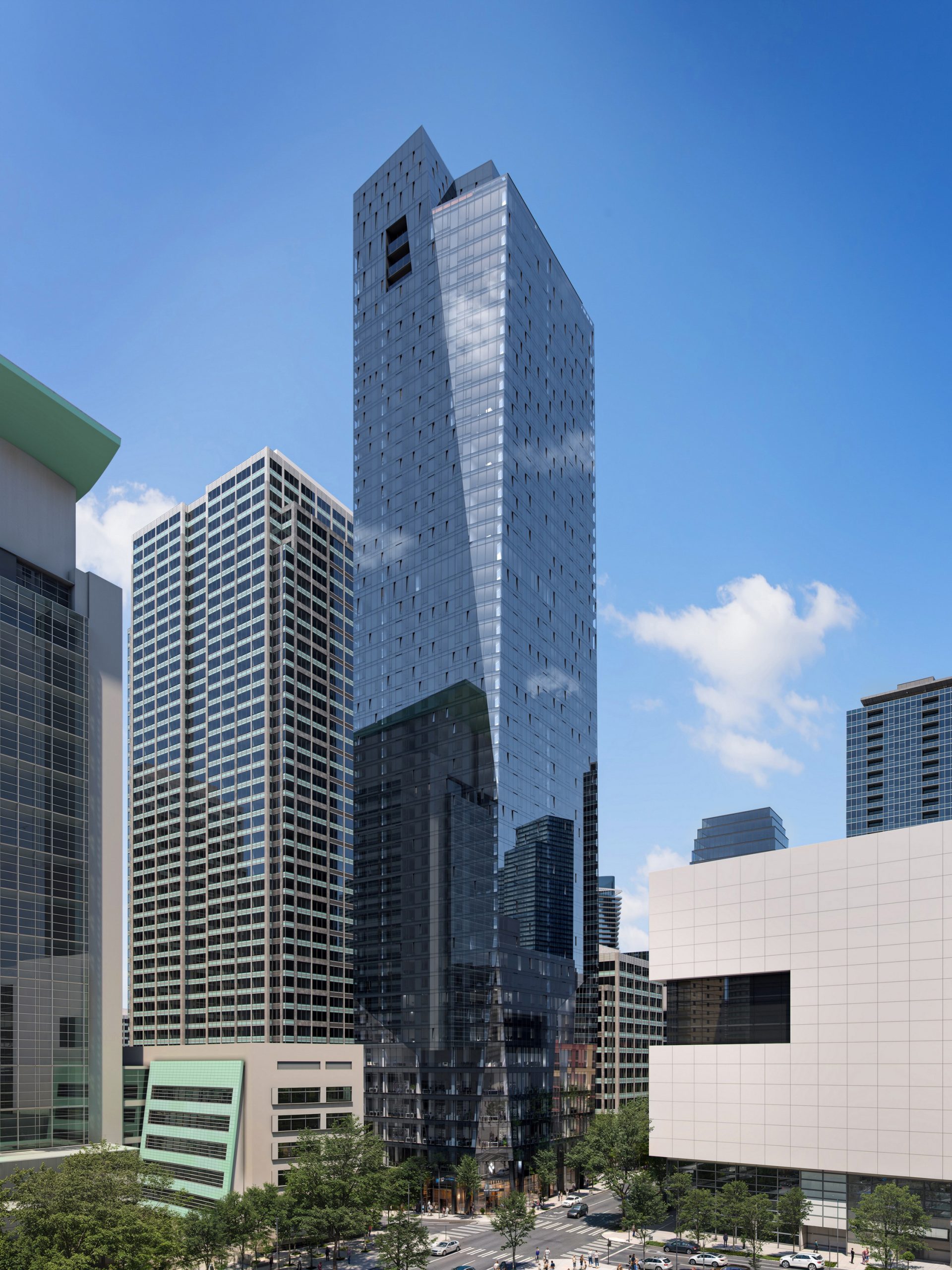 800 Stewart Seattle architectural exterior rendering by Bogza.com. A daytime street-level view of the 53-story mixed-use high-rise, showcasing its faceted blue glass facade, commercial base, and surrounding downtown buildings.