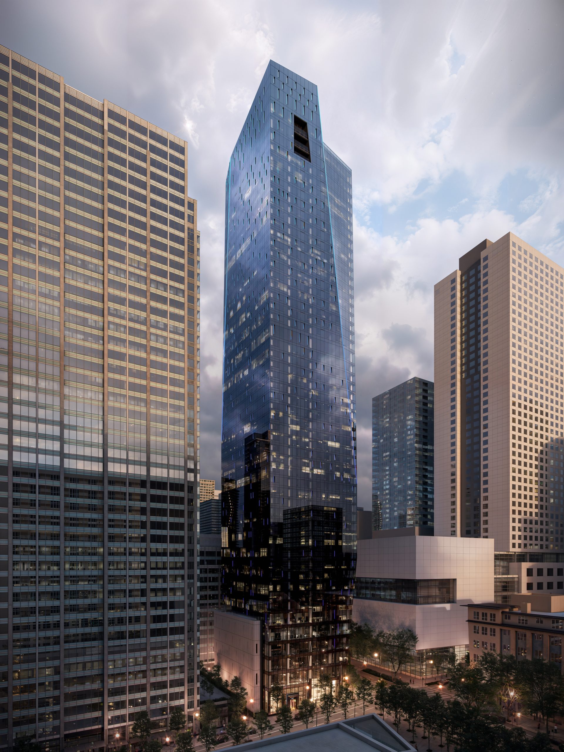 800 Stewart Seattle twilight exterior architectural rendering by Bogza.com. A dramatic dusk view of the 53-story residential and office tower, highlighting the sculpted glass form, glowing interior lights, and urban streetscape.