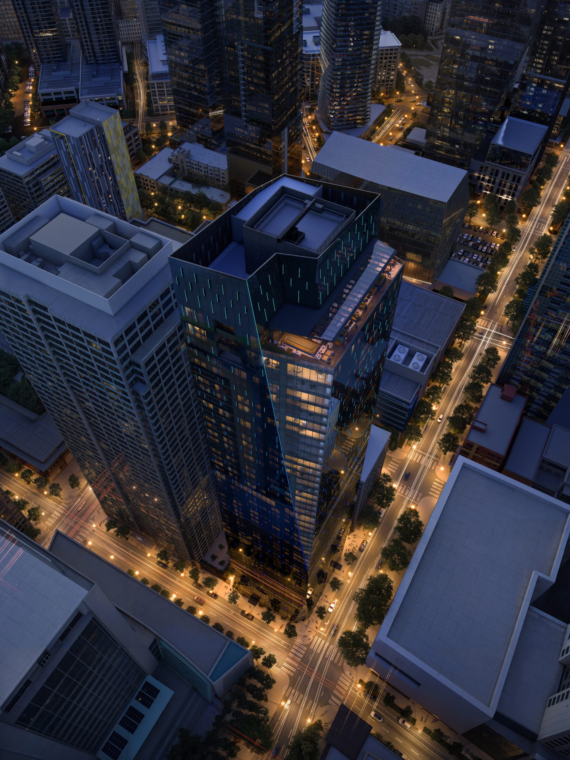 800 Stewart Seattle high-angle aerial architectural rendering by Bogza.com. A nighttime bird's-eye view looking down at the 53-story tower's illuminated crown and faceted roofline, surrounded by the glowing downtown grid and active streets.
