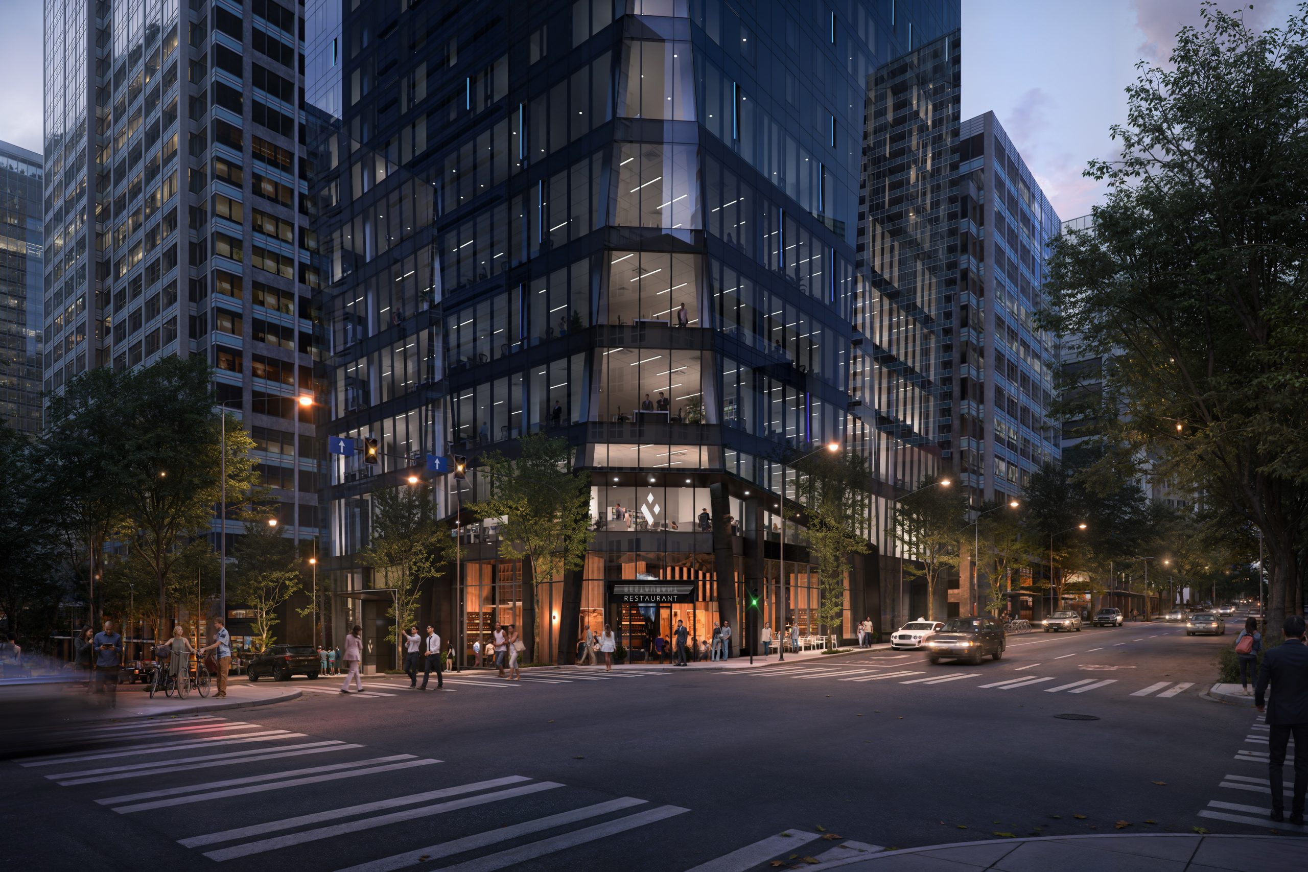 800 Stewart Seattle street-level architectural rendering by Bogza.com. A dusk view of the tower's commercial base at the corner of 8th and Stewart, featuring a glowing ground-floor restaurant, active pedestrians, and transparent office levels above.