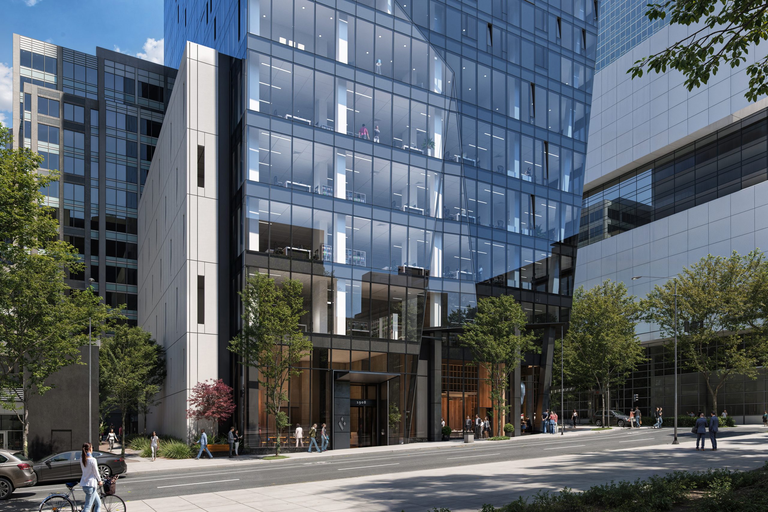 800 Stewart Seattle podium architectural exterior rendering by Bogza.com. A daytime street-level view emphasizing the high-rise tower's lower commercial floors, showcasing clear glass windows, office interiors, and the main entrance with pedestrian activity.