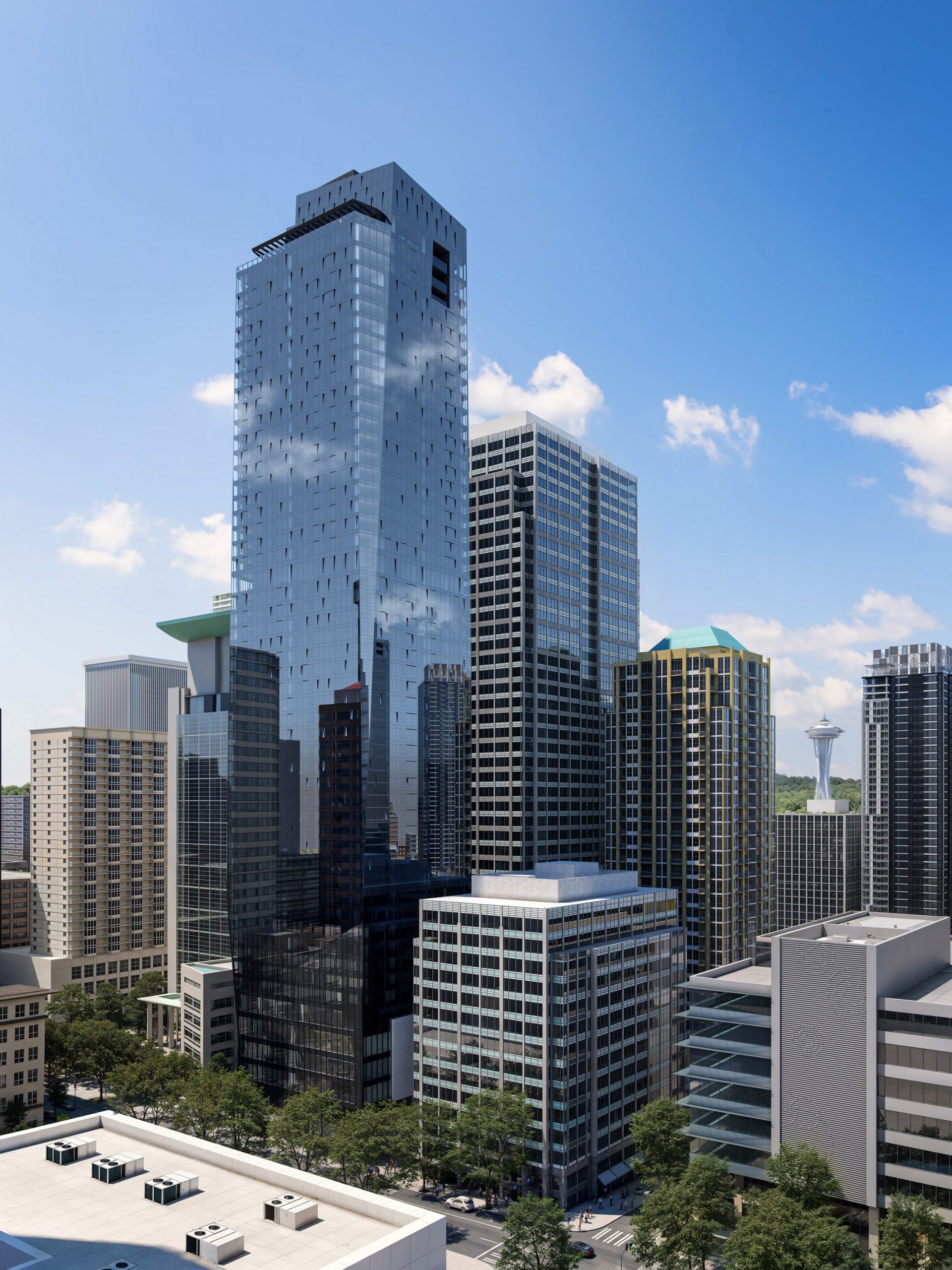 800 Stewart Seattle downtown aerial architectural rendering by Bogza.com. A wide daytime shot of the 53-story sculpted glass tower standing prominently in the skyline, set against neighboring high-rises and the Space Needle in the distance.