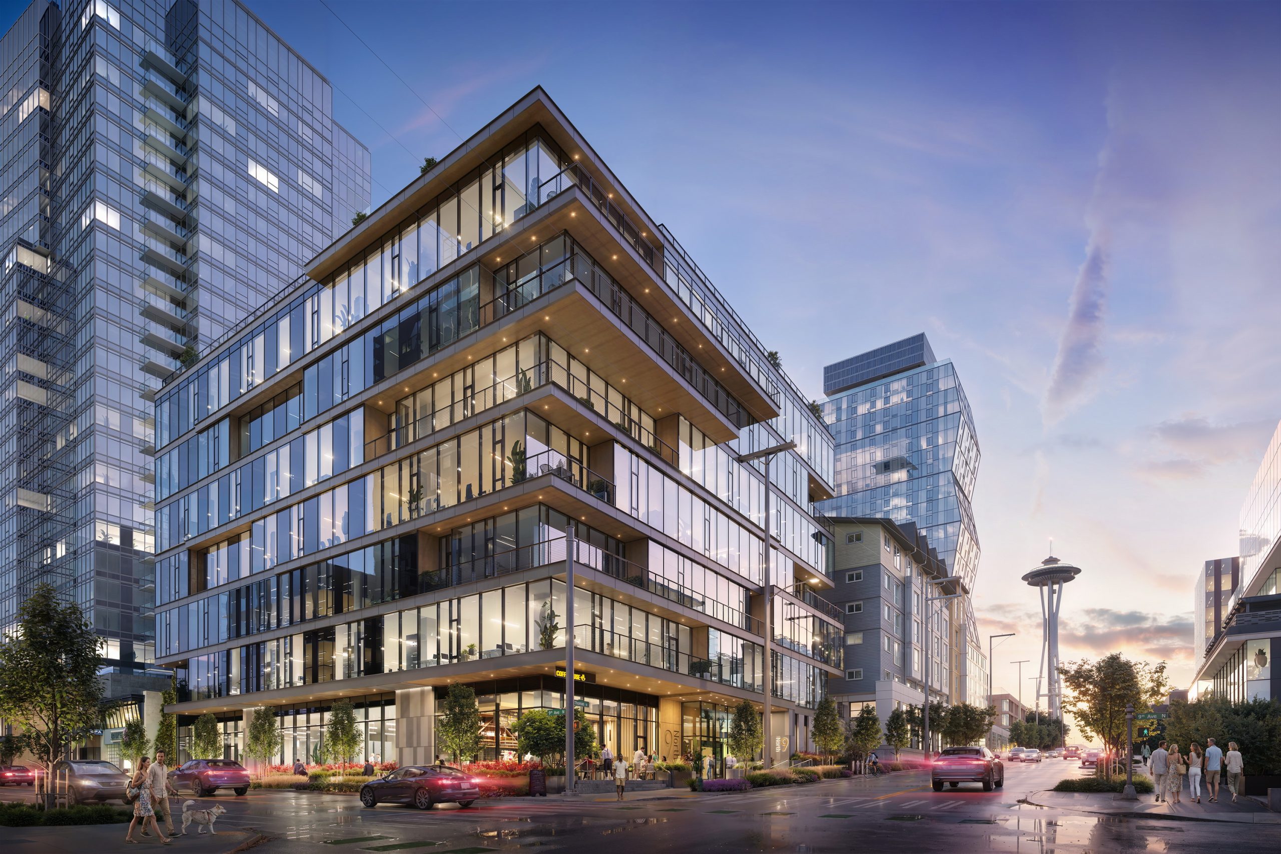 9 North Office Seattle architectural exterior rendering by Bogza.com. A modern 7-story glass commercial building at dusk, featuring a glowing facade, street-level retail, pedestrians, and the Space Needle in the background.