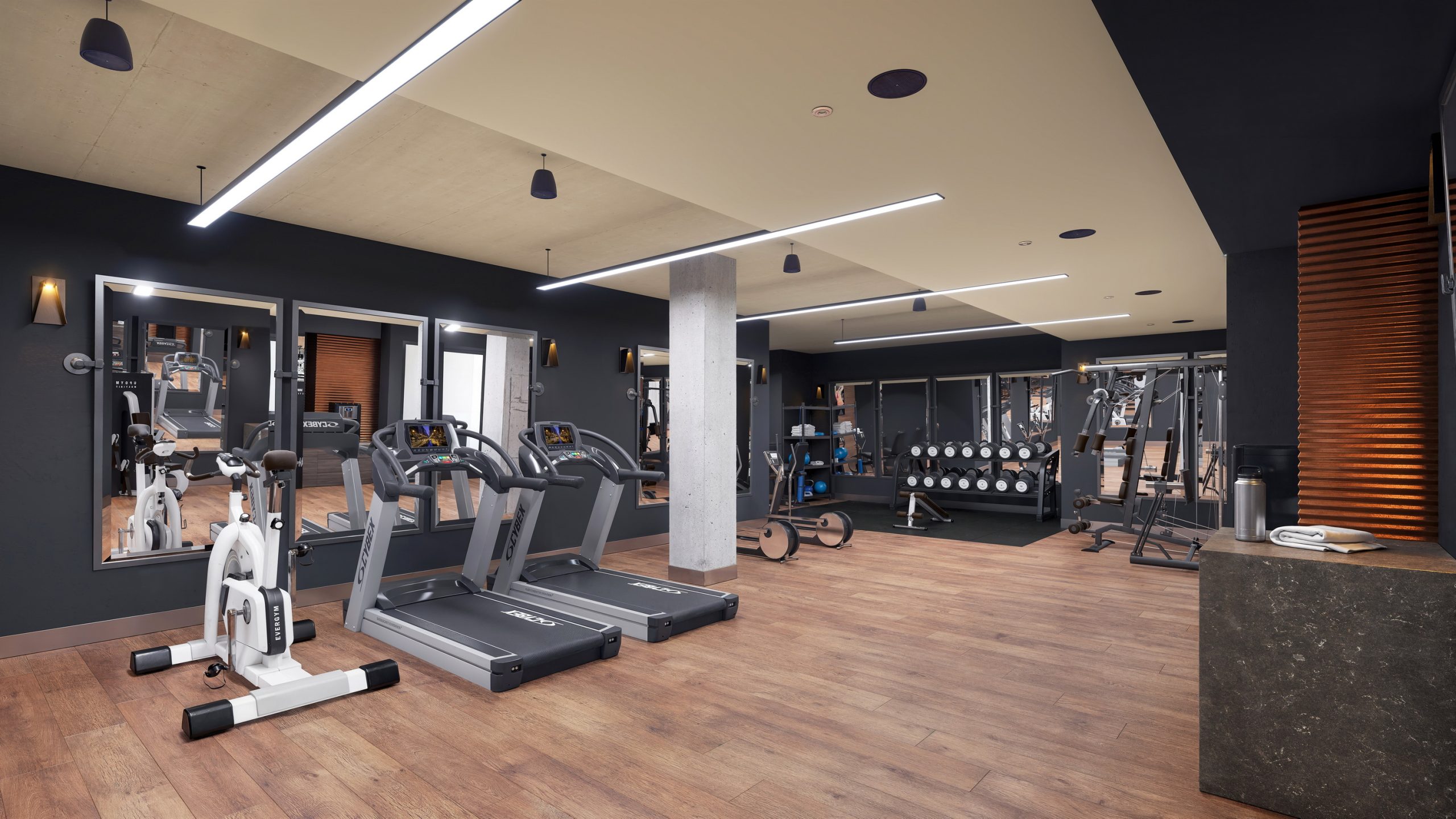 Ballard Yards Seattle fitness center interior rendering by Bogza.com. A modern, fully-equipped gym amenity space featuring cardio treadmills, stationary bikes, free weights, and industrial-chic dark walls.