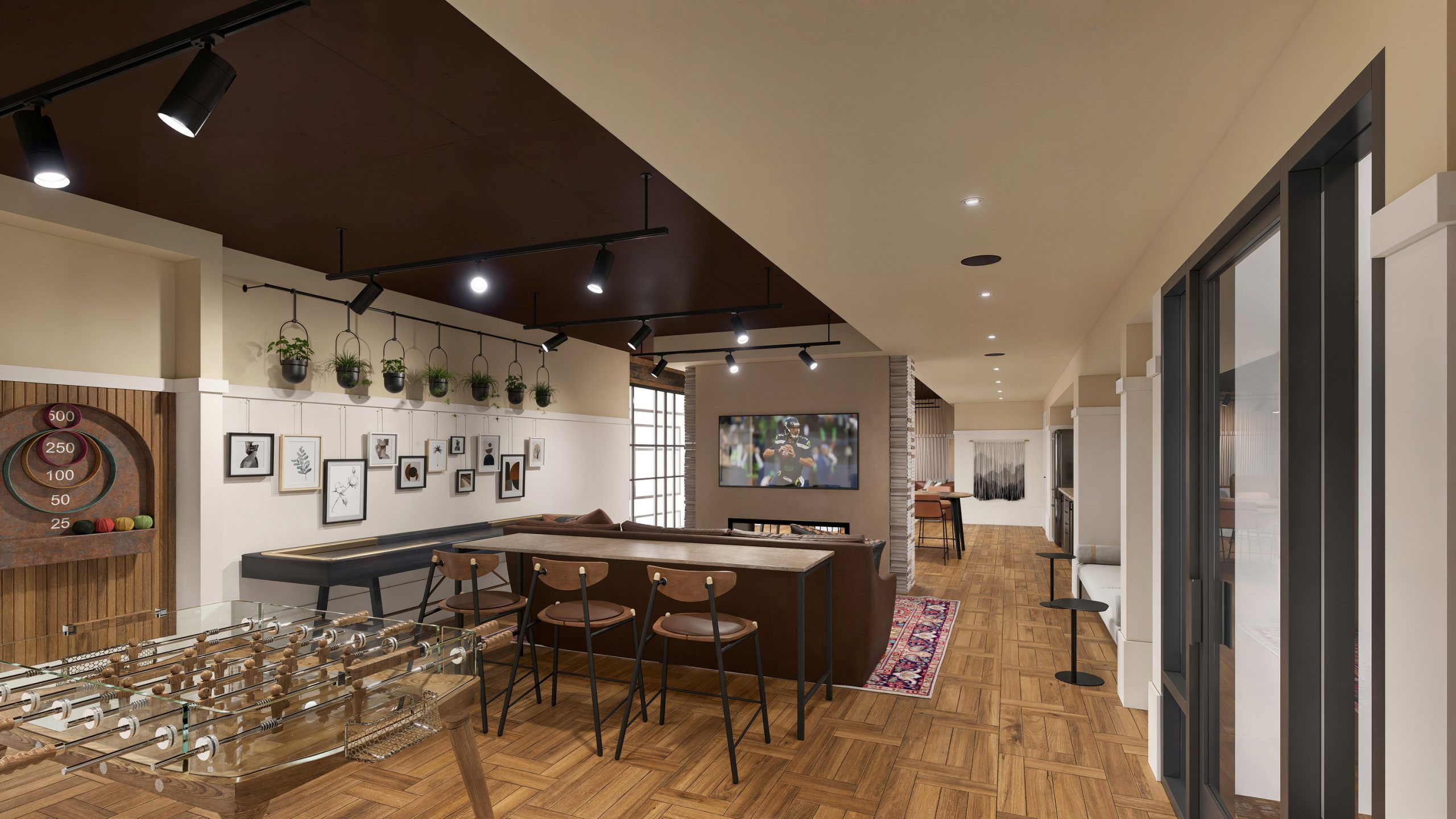 Ballard Yards Seattle game room and lounge interior rendering by Bogza.com. An expansive community space featuring a glass foosball table, shuffleboard, cozy fireplace seating, and maritime-inspired decor.