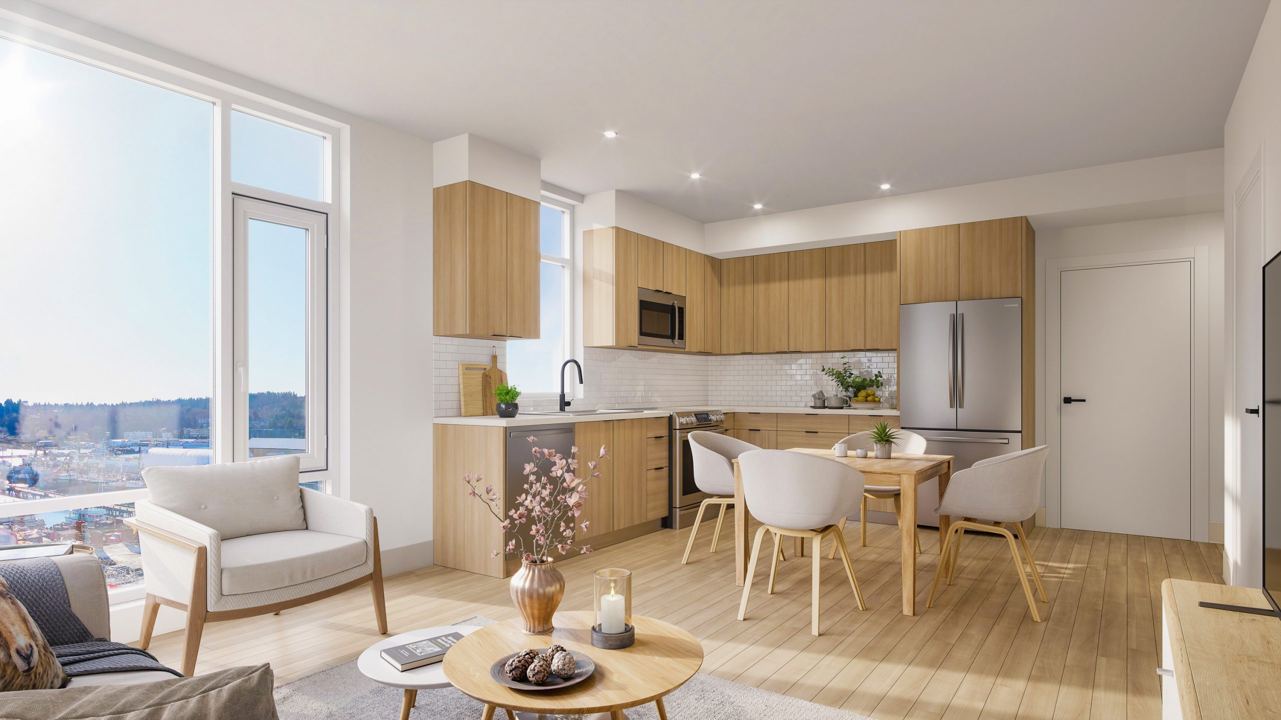 Ballard Yards Seattle modern apartment kitchen interior rendering by Bogza.com. An open-concept living and dining area showcasing light wood cabinetry, stainless steel appliances, and large windows framing harbor views.