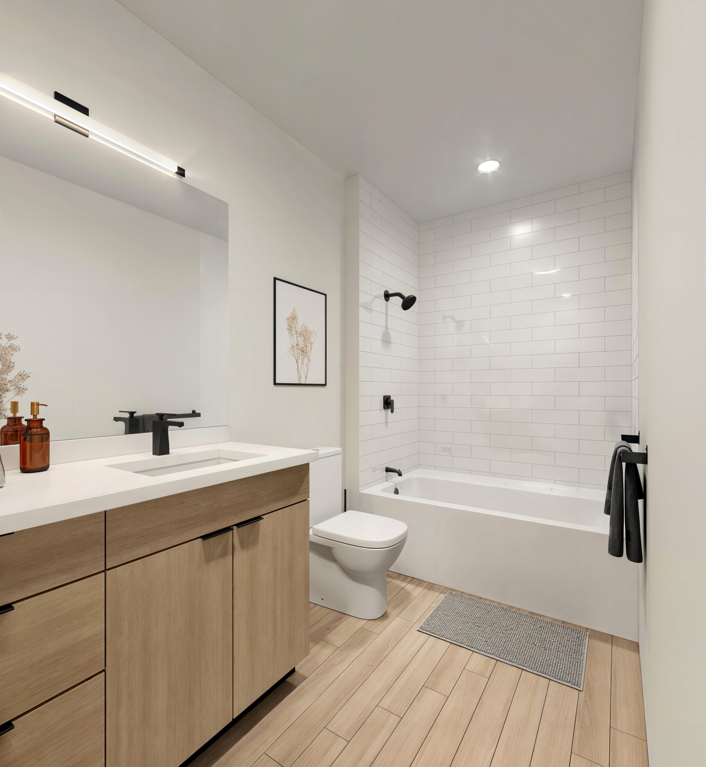 Ballard Yards Seattle apartment bathroom interior rendering by Bogza.com. A bright, contemporary bathroom featuring a white subway tile shower, deep soaking tub, modern black fixtures, and a light wood vanity.