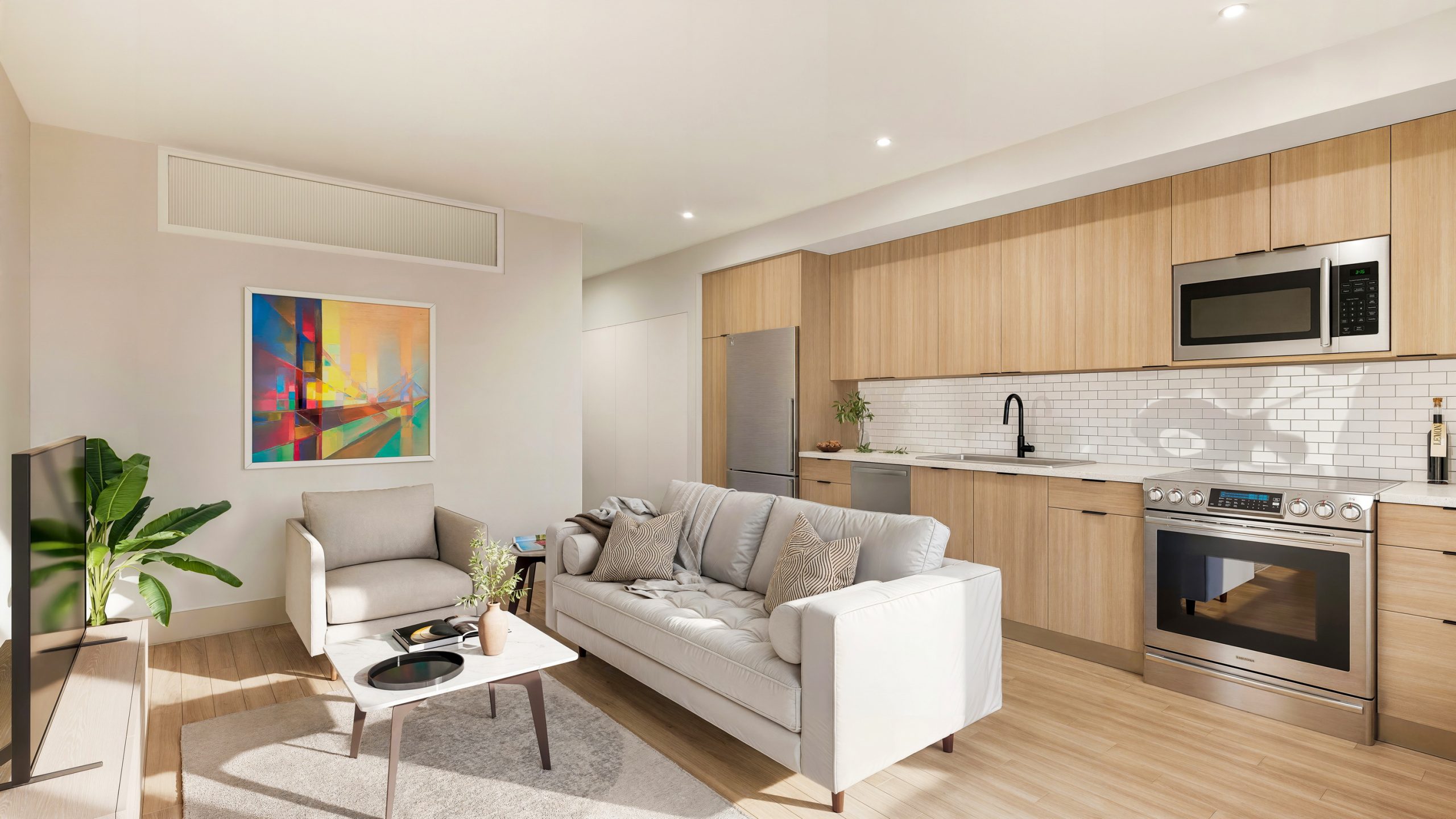 Ballard Yards Seattle luxury apartment living room interior rendering by Bogza.com. A bright, open-concept space featuring modern stainless steel kitchen appliances, light wood flooring, cozy seating, and abundant natural light.