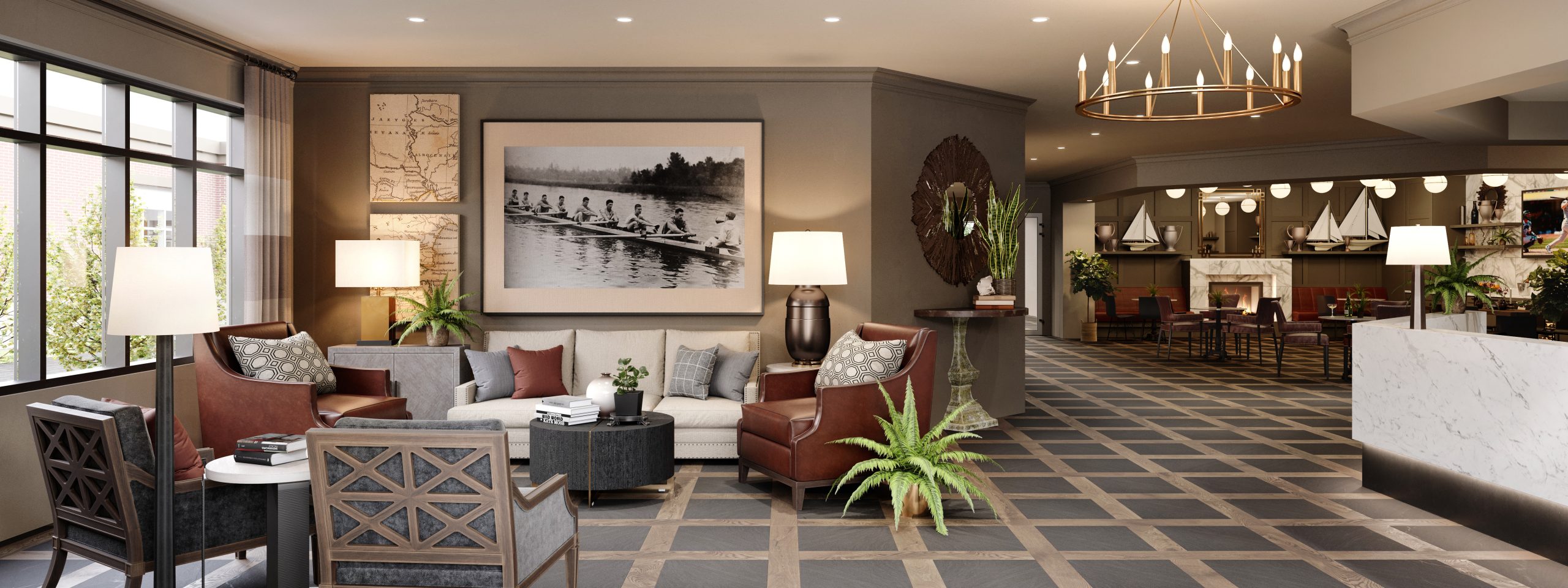 Bellevue Senior Living luxury lobby interior rendering by Bogza.com. A warm, inviting reception and lounge area featuring a marble desk, elegant leather armchairs, historic artwork, a fireplace, and a classic club-like atmosphere.