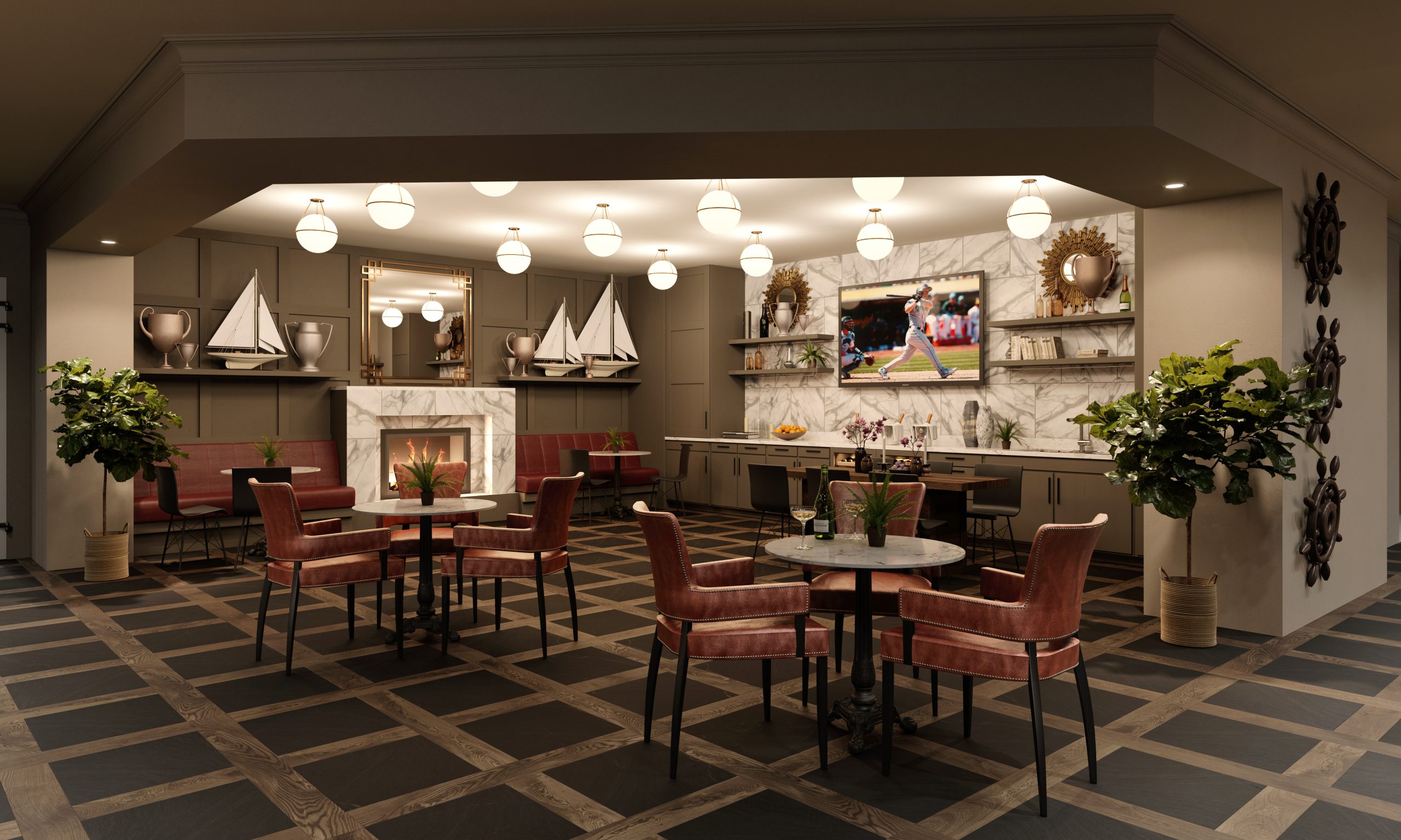 Bellevue Senior Living pub and lounge interior architectural rendering by Bogza.com. A warm, nautical-themed social space at the Belle Harbour campus, featuring a fireplace, marble bar, bistro seating, a flat-screen TV, and model sailboats.