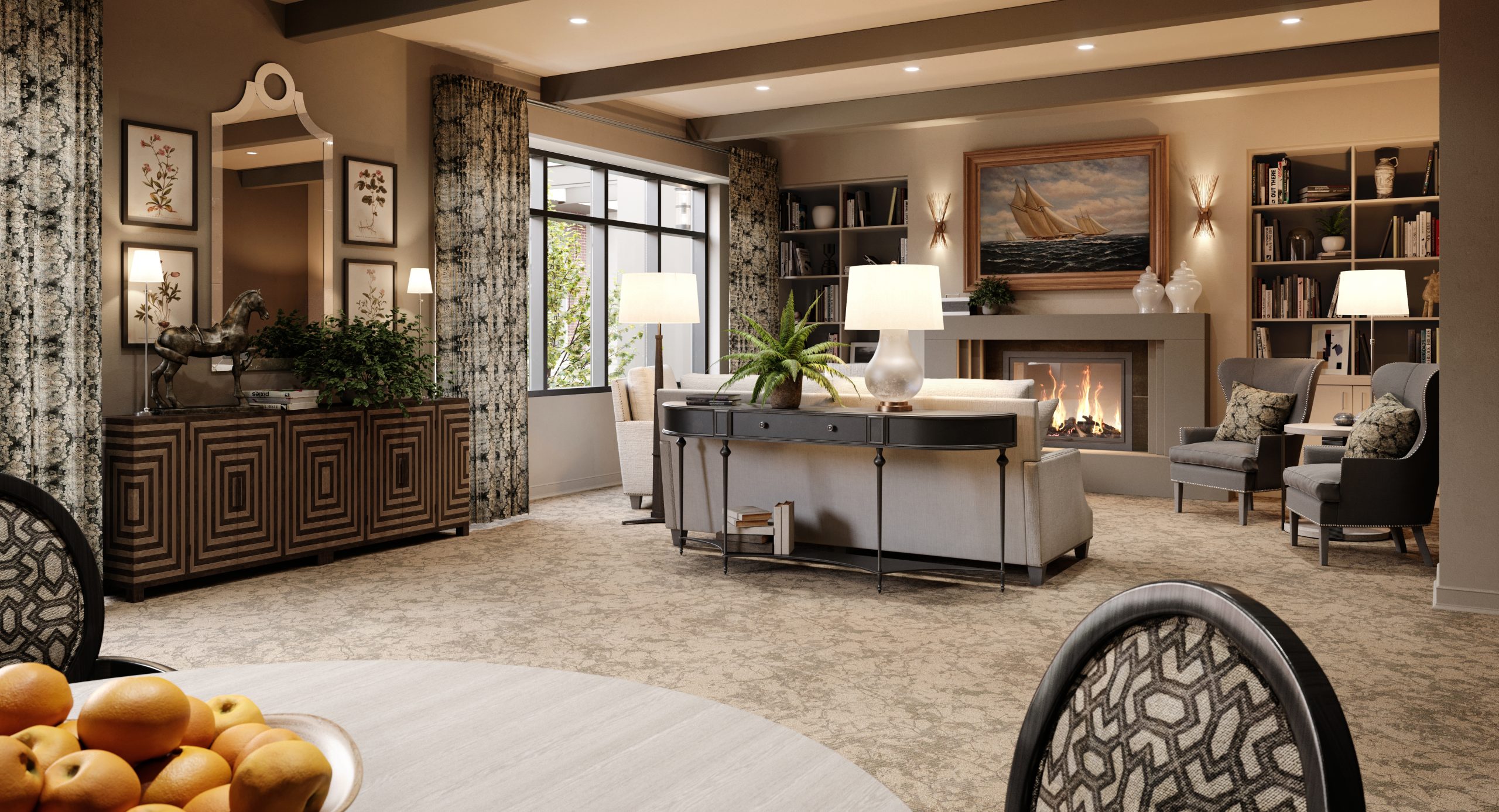 Bellevue Senior Living library and lounge interior rendering by Bogza.com. A cozy, elegant communal sitting area at the luxury retirement community, showcasing a warm fireplace, comfortable wingback chairs, built-in bookshelves, and classic nautical artwork.