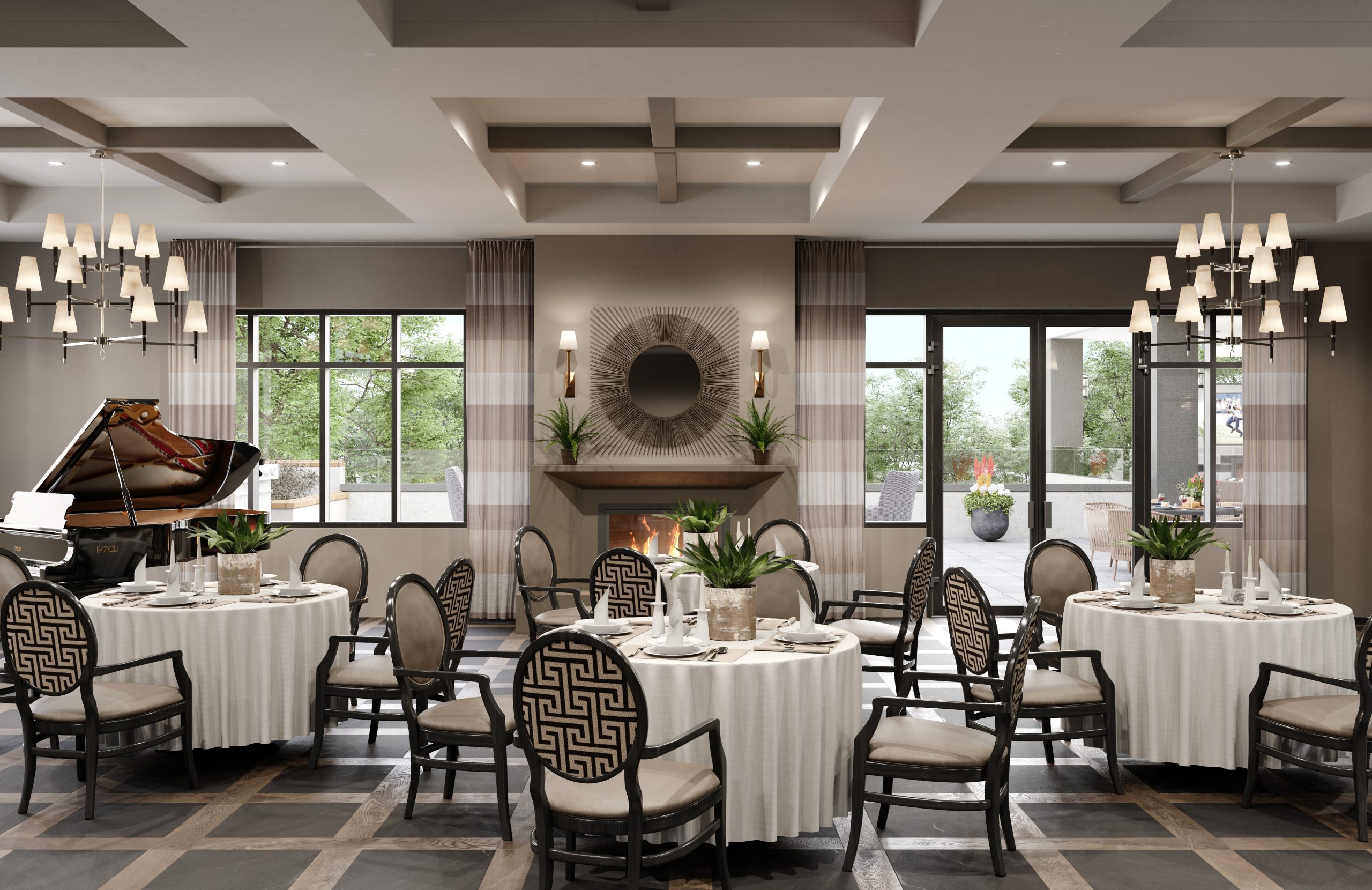 Bellevue Senior Living restaurant dining room interior rendering by Bogza.com. An upscale dining area at the assisted living facility, featuring elegant round tables, a grand piano, a glowing fireplace, a coffered ceiling, and access to an outdoor patio.