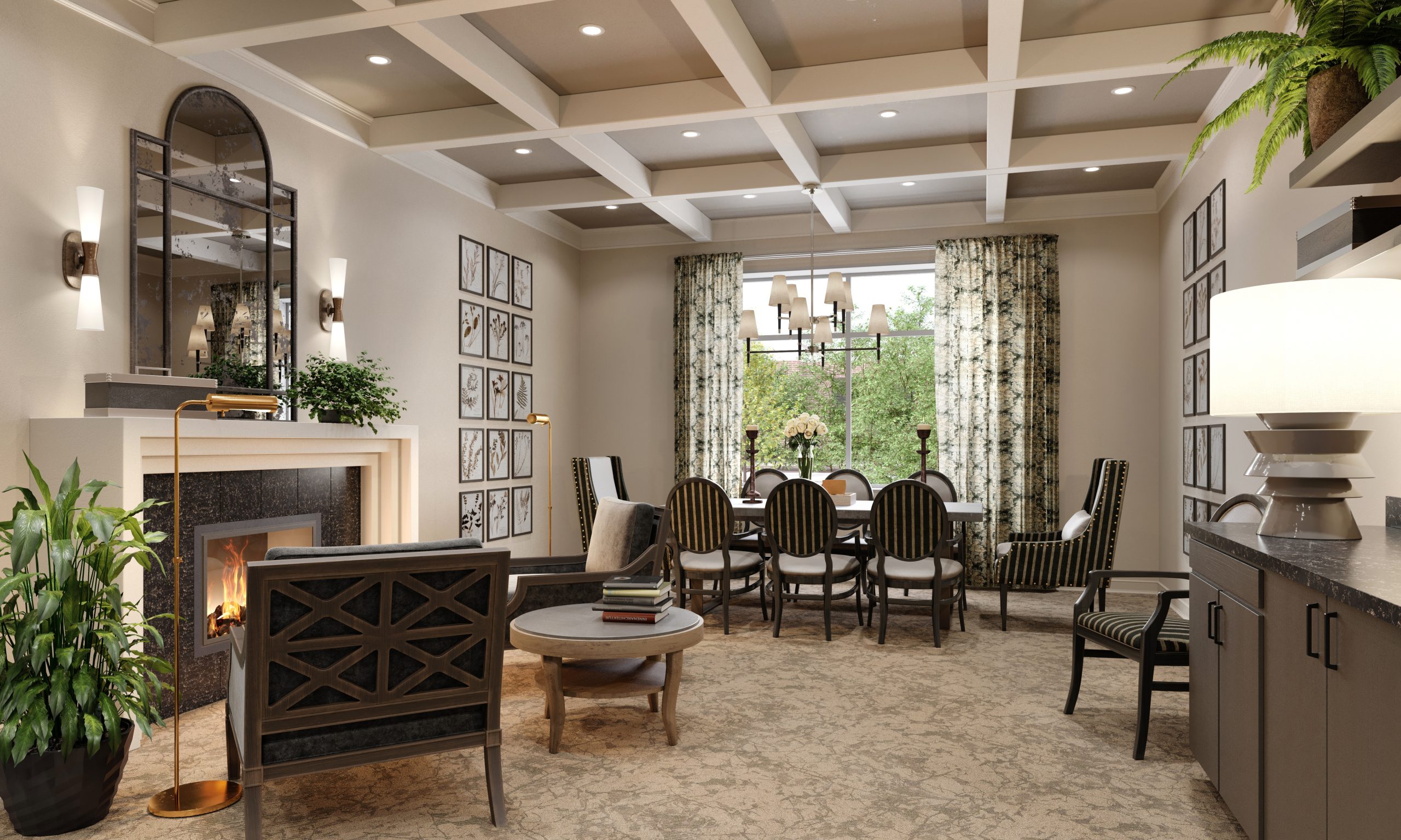 Bellevue Senior Living private dining room interior architectural rendering by Bogza.com. A sophisticated gathering space at the luxury senior community, featuring a long dining table, patterned armchairs, a modern fireplace, and framed botanical artwork.
