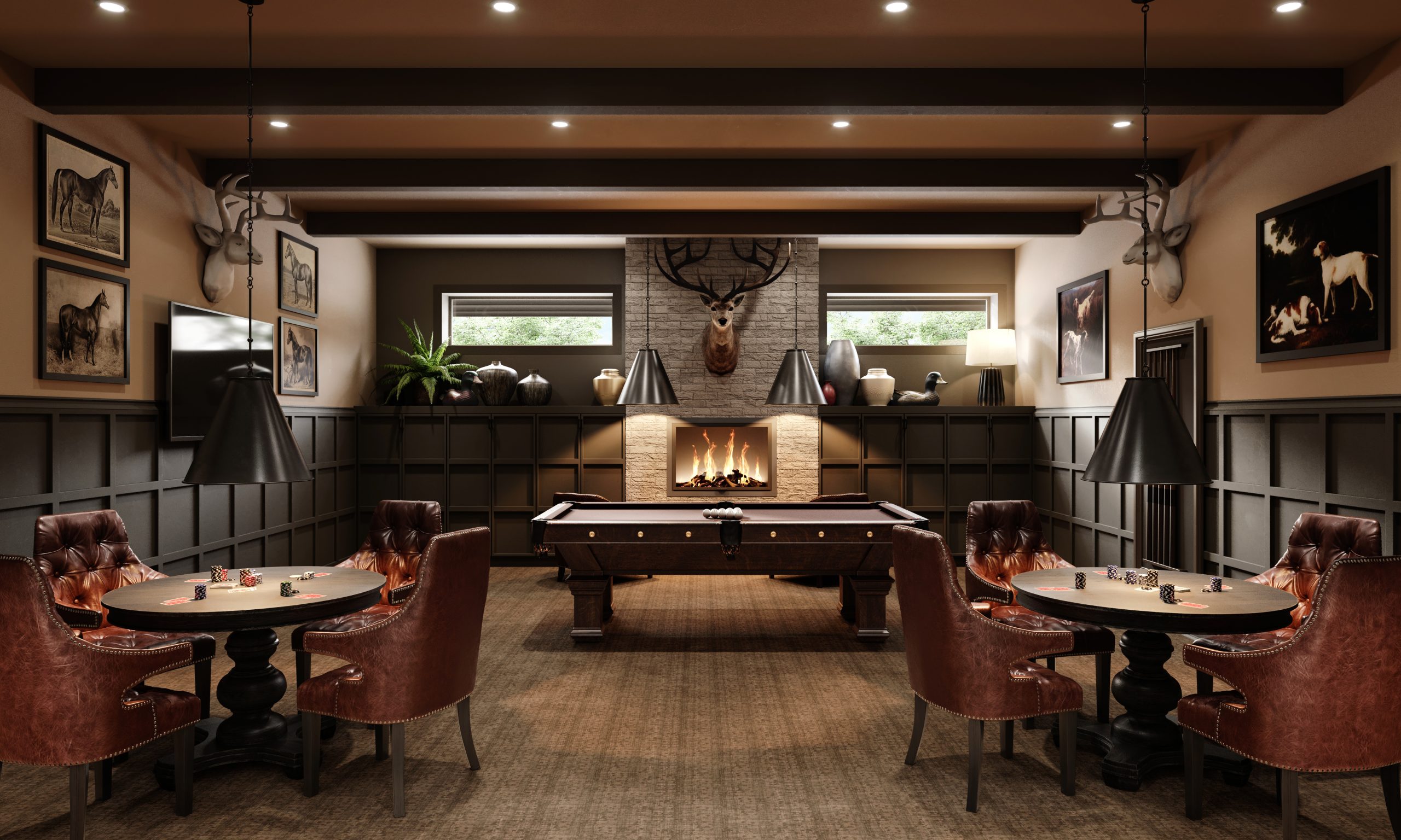 Bellevue Senior Living billiards and game room interior rendering by Bogza.com. A classic club-style amenity space featuring a pool table, round card tables with leather chairs, dark wainscoting, a warm fireplace, and a stag head mount.