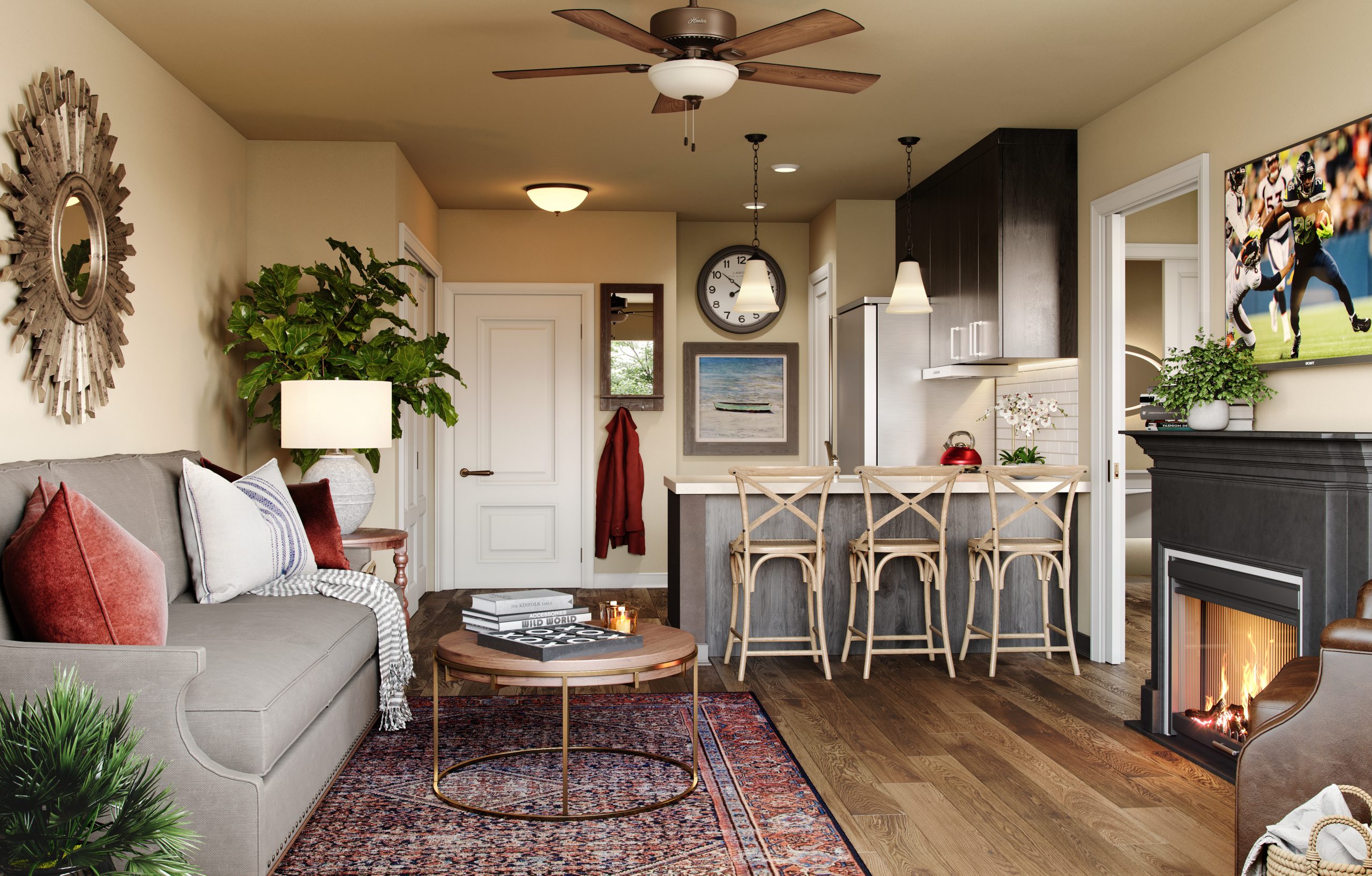 Bellevue Senior Living luxury apartment interior rendering by Bogza.com. A bright, private assisted living suite featuring a cozy living room with a fireplace, a modern kitchen with bar seating, and high-end finishes.
