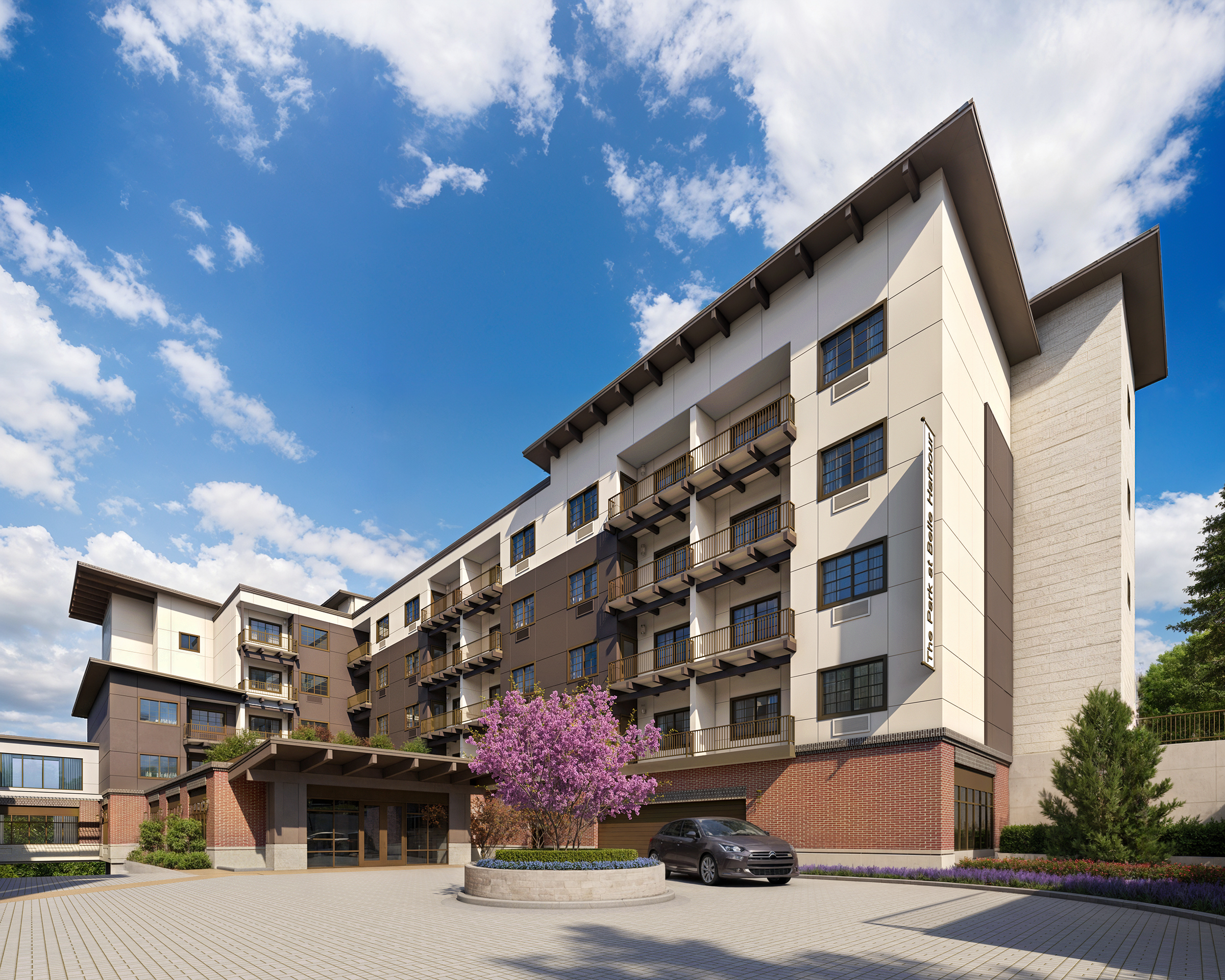 Bellevue Senior Living The Park at Belle Harbour exterior architectural rendering by Bogza.com. A daytime view of the luxury assisted living facility in Bellevue, featuring a modern classic facade, brick podium, and a welcoming landscaped entrance.