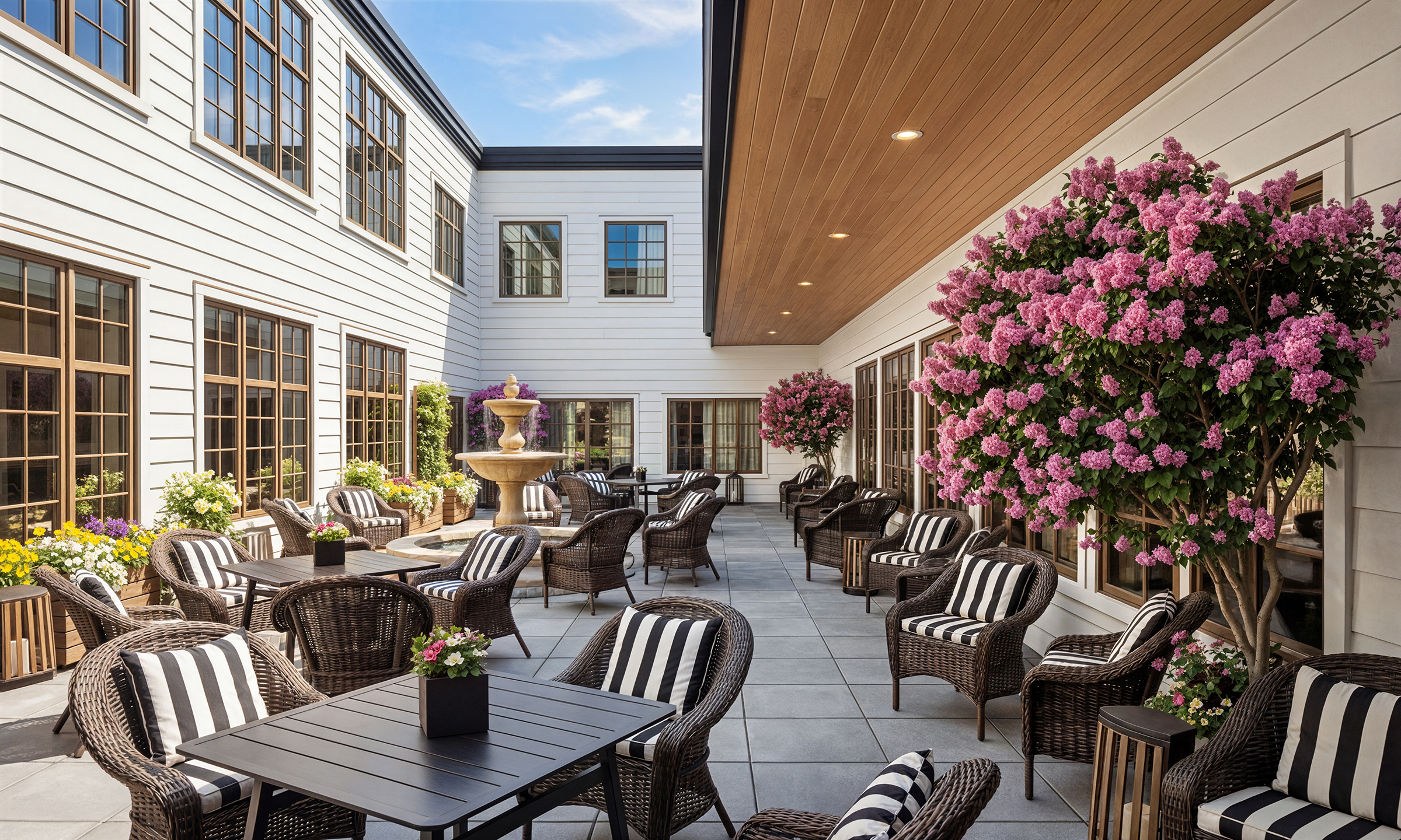 Bellevue Senior Living enclosed courtyard architectural rendering by Bogza.com. A bright daytime view of a tranquil outdoor patio for the assisted living community, featuring a tiered stone water fountain, wicker lounge seating, and vibrant blooming trees.