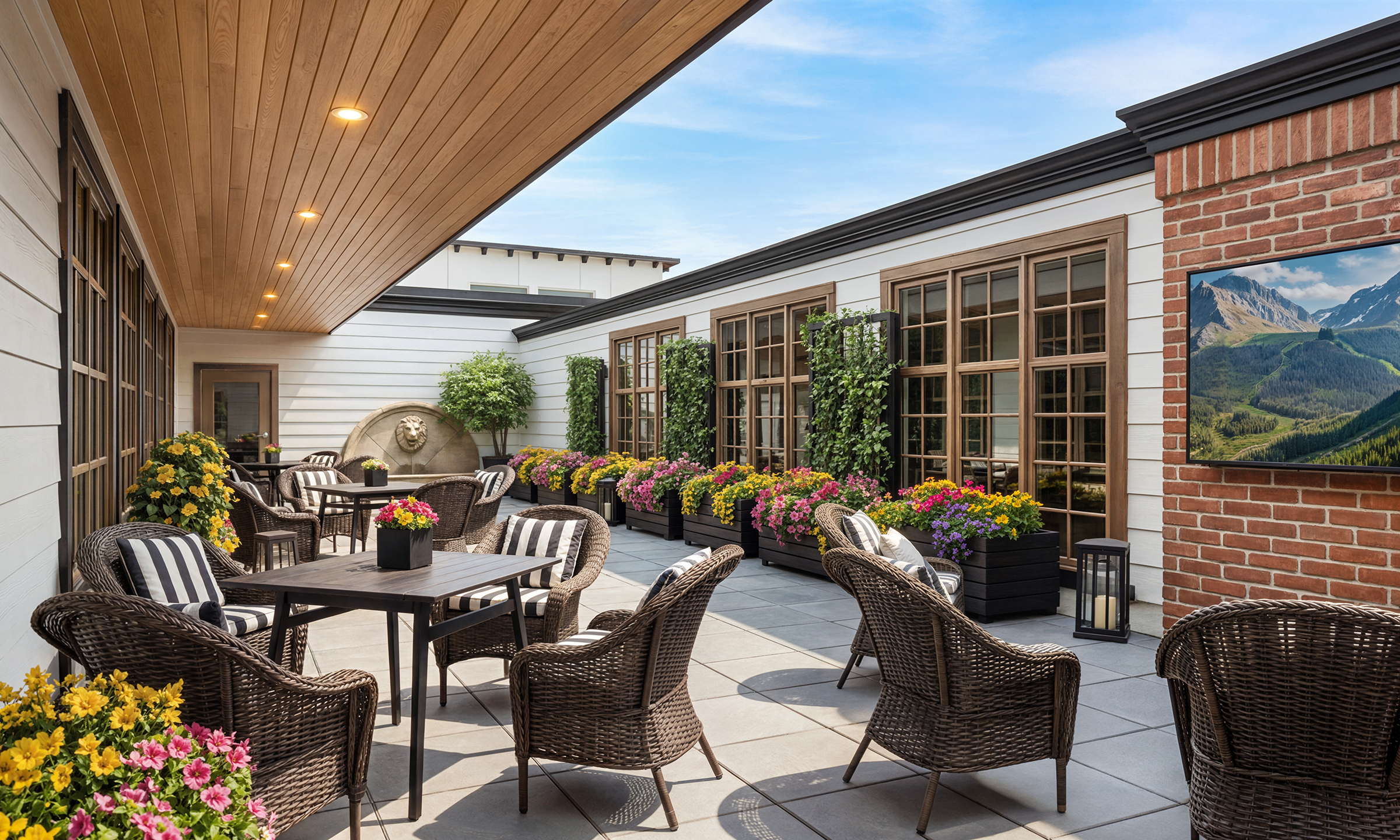 Bellevue Senior Living covered patio architectural rendering by Bogza.com. A shaded outdoor lounge area at the Bellevue luxury senior living community, featuring wicker dining arrangements, an outdoor TV, a water fountain, and colorful flower planters.