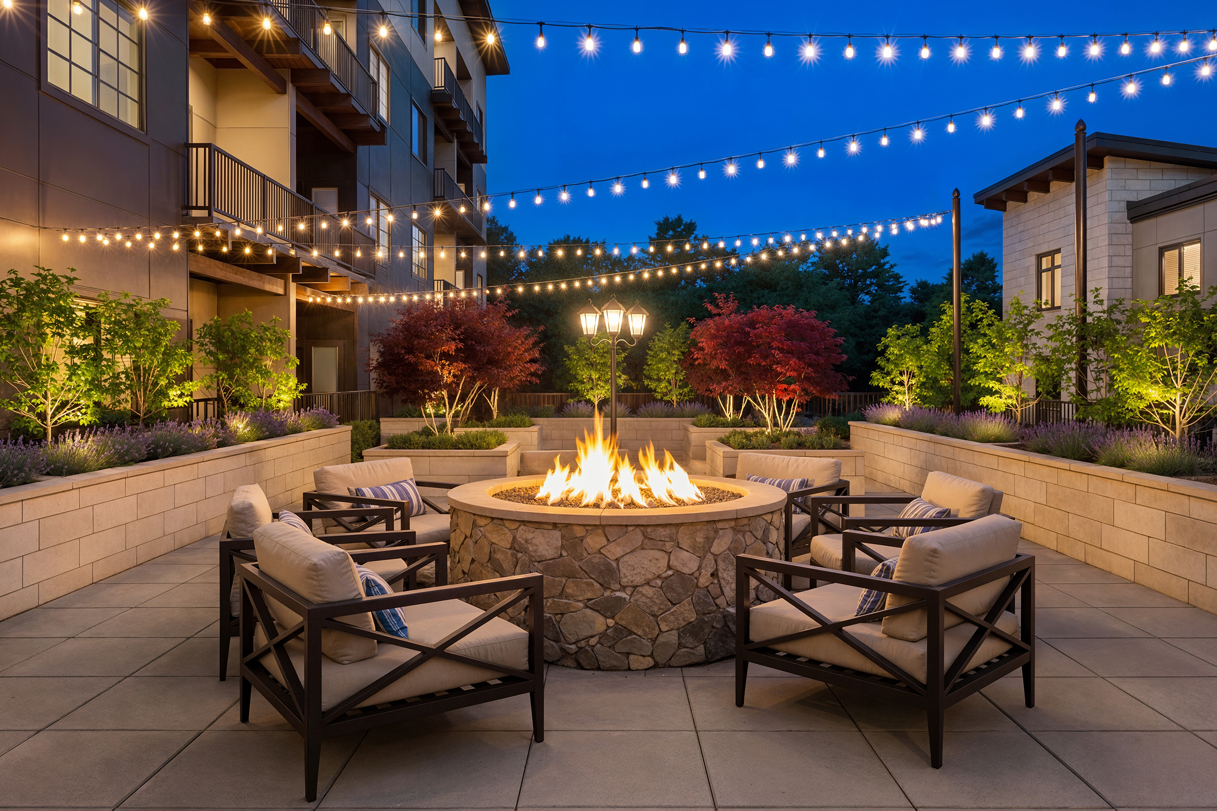 Bellevue Senior Living dusk courtyard architectural rendering by Bogza.com. An evening view of the outdoor terrace featuring a glowing fire pit, comfortable lounge seating, illuminated red Japanese maple trees, and overhead string lights.