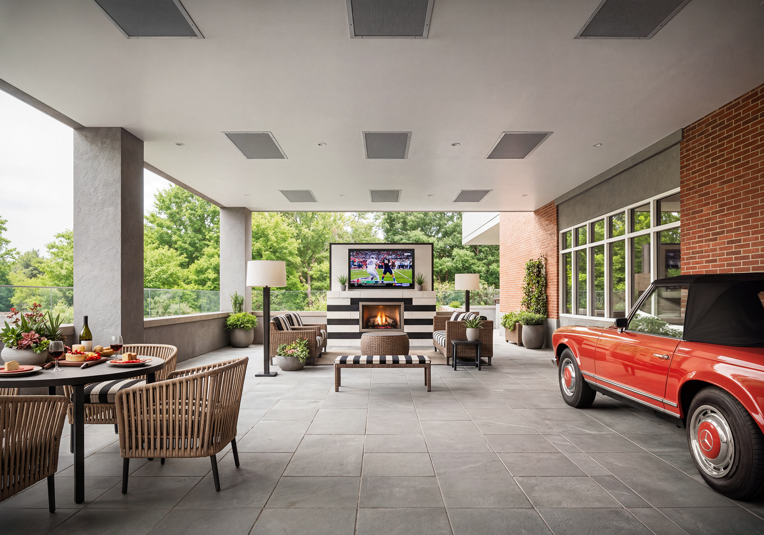Bellevue Senior Living outdoor lounge architectural rendering by Bogza.com. A covered patio amenity space at the senior living community, featuring a modern striped fireplace, flat-screen TV, lounge seating, and a classic red Mercedes convertible on display.