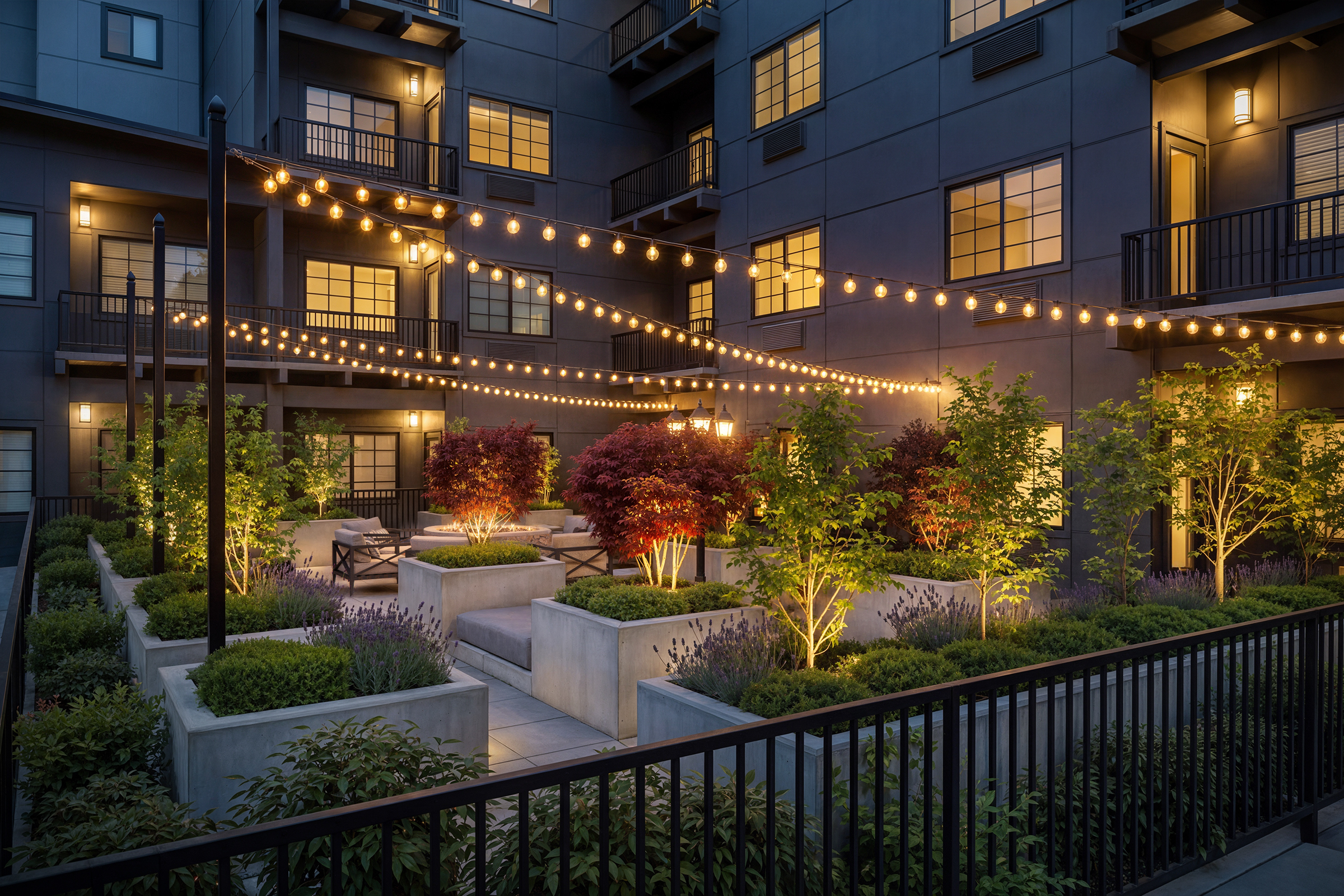 Bellevue Senior Living twilight courtyard architectural rendering by Bogza.com. An evening view of the pergola terrace at the Bellevue memory care community, featuring glowing string lights, illuminated planters, up-lit trees, and warm apartment windows.