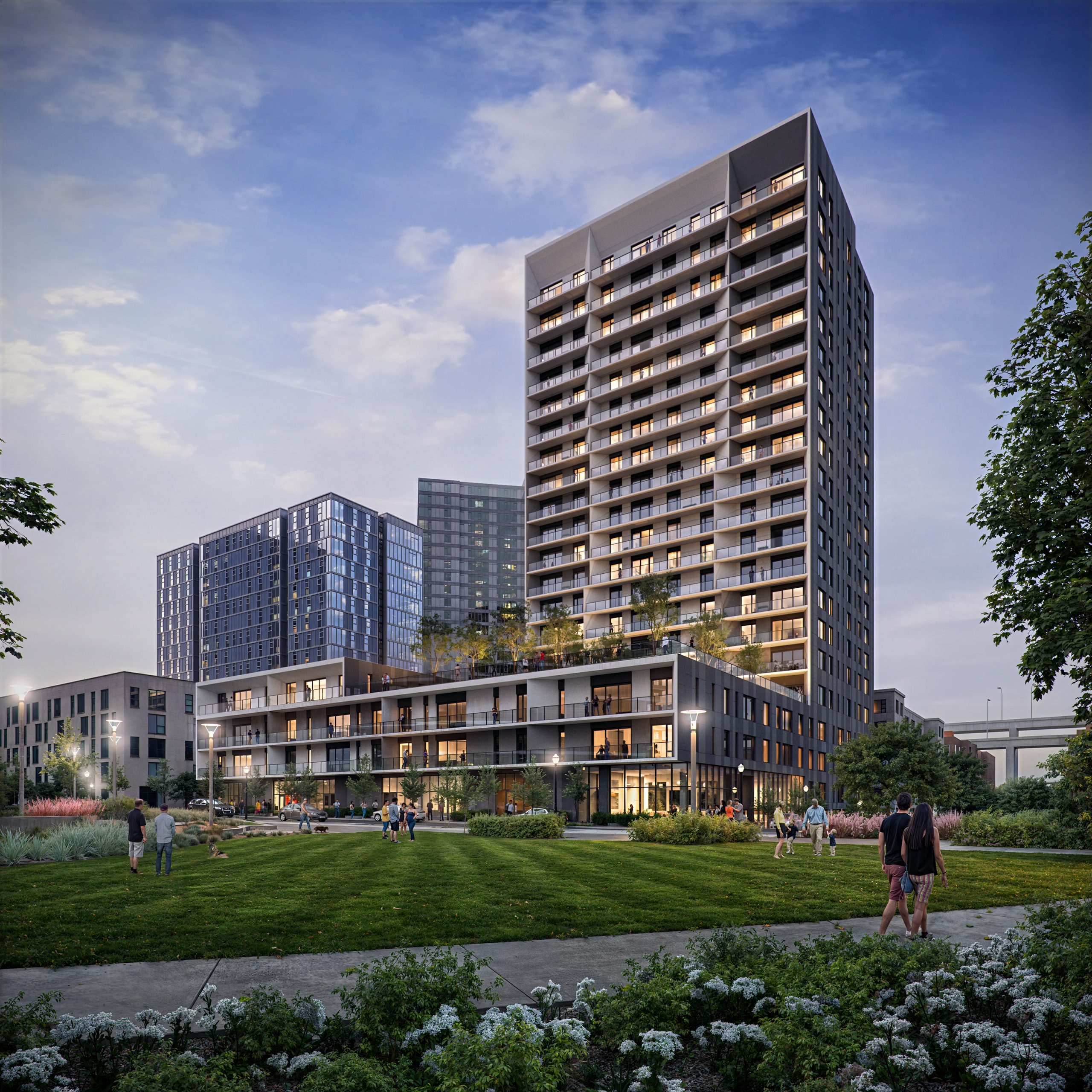 Block 20 Vista Pearl Portland architectural exterior rendering by Bogza.com. A modern 21-story residential condominium tower and 5-story podium in the Pearl District at dusk, featuring dark grey facade panels, expansive balconies, and residents enjoying the adjacent Fields Park.