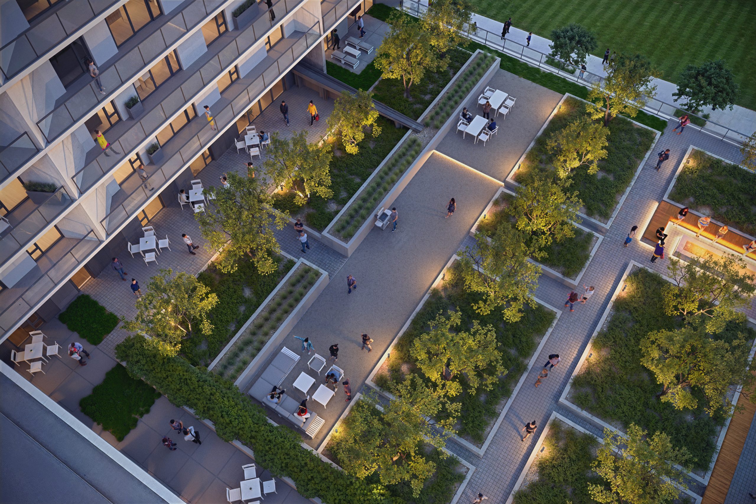 Block 20 Vista Pearl Portland aerial courtyard architectural rendering by Bogza.com. A high-angle dusk view looking down at the 5th-floor podium terrace of the Pearl District condo tower, featuring geometric planters, lounge seating, illuminated pathways, and lush trees.