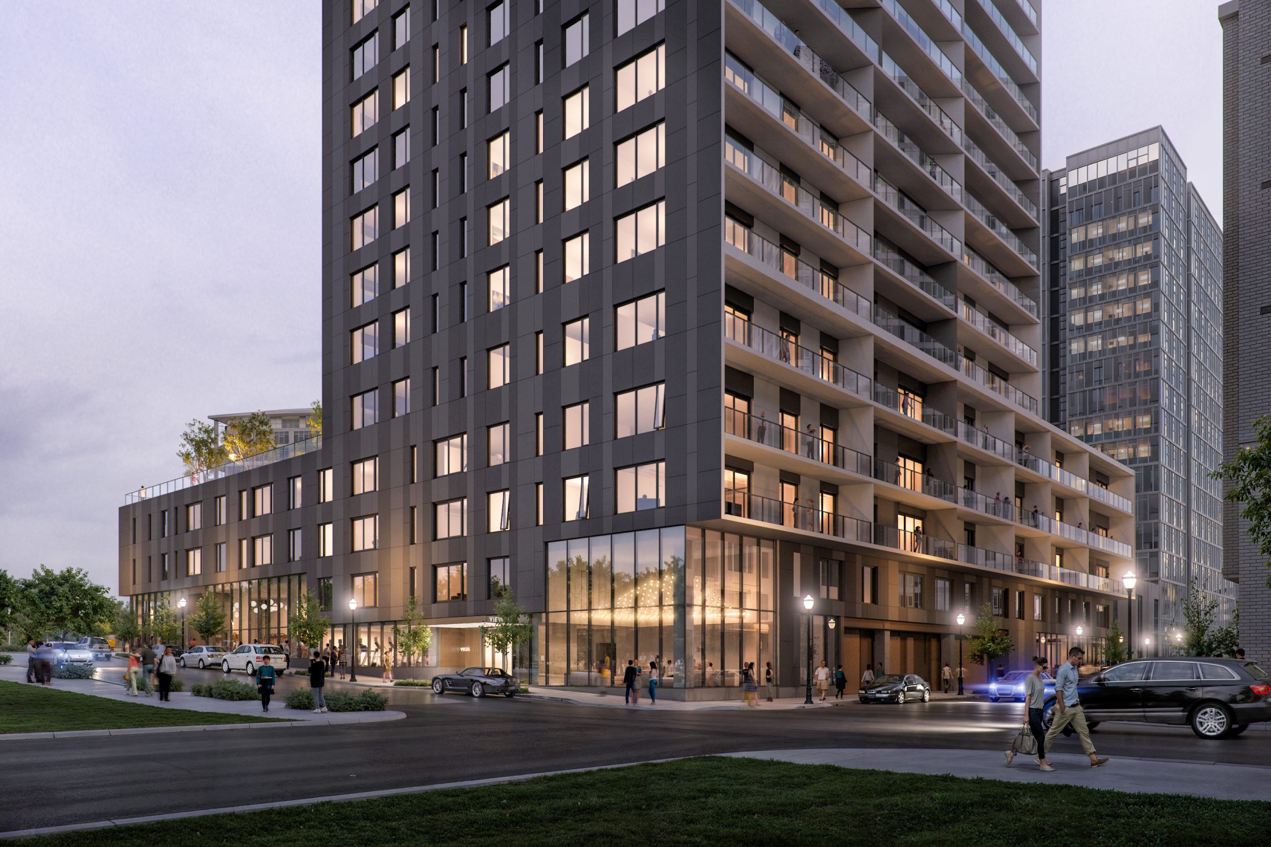 Block 20 Vista Pearl Portland street-level exterior architectural rendering by Bogza.com. A twilight view of the 21-story condo tower's ground floor in the North Pearl, showcasing expansive retail glass storefronts, active pedestrians, and the dark grey cementitious facade with residential balconies.