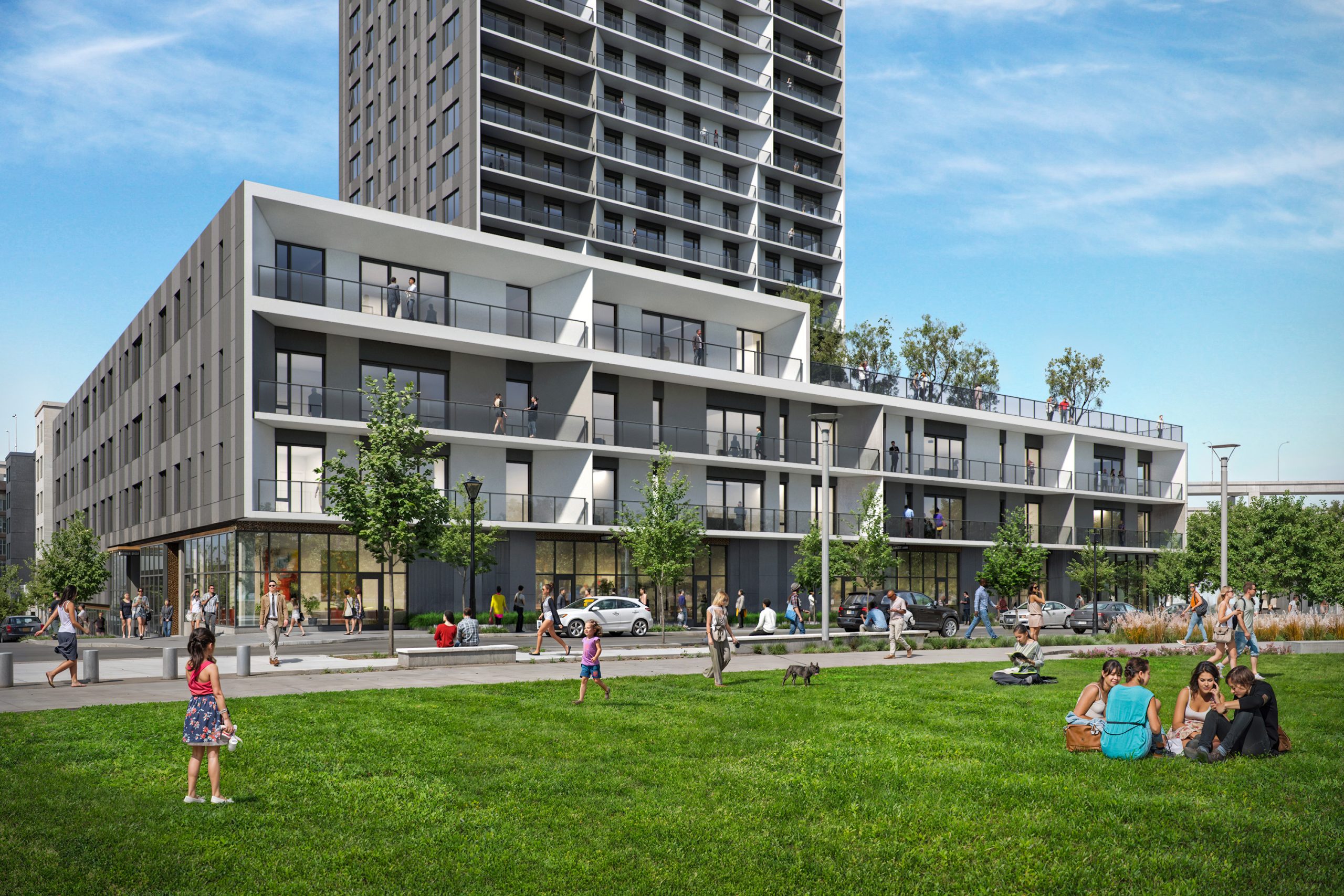 Block 20 Vista Pearl Portland podium exterior architectural rendering by Bogza.com. A daytime view of the residential development's 5-story base overlooking The Fields Park, featuring modern glass retail spaces, deep-set residential balconies, and people relaxing on the grass.