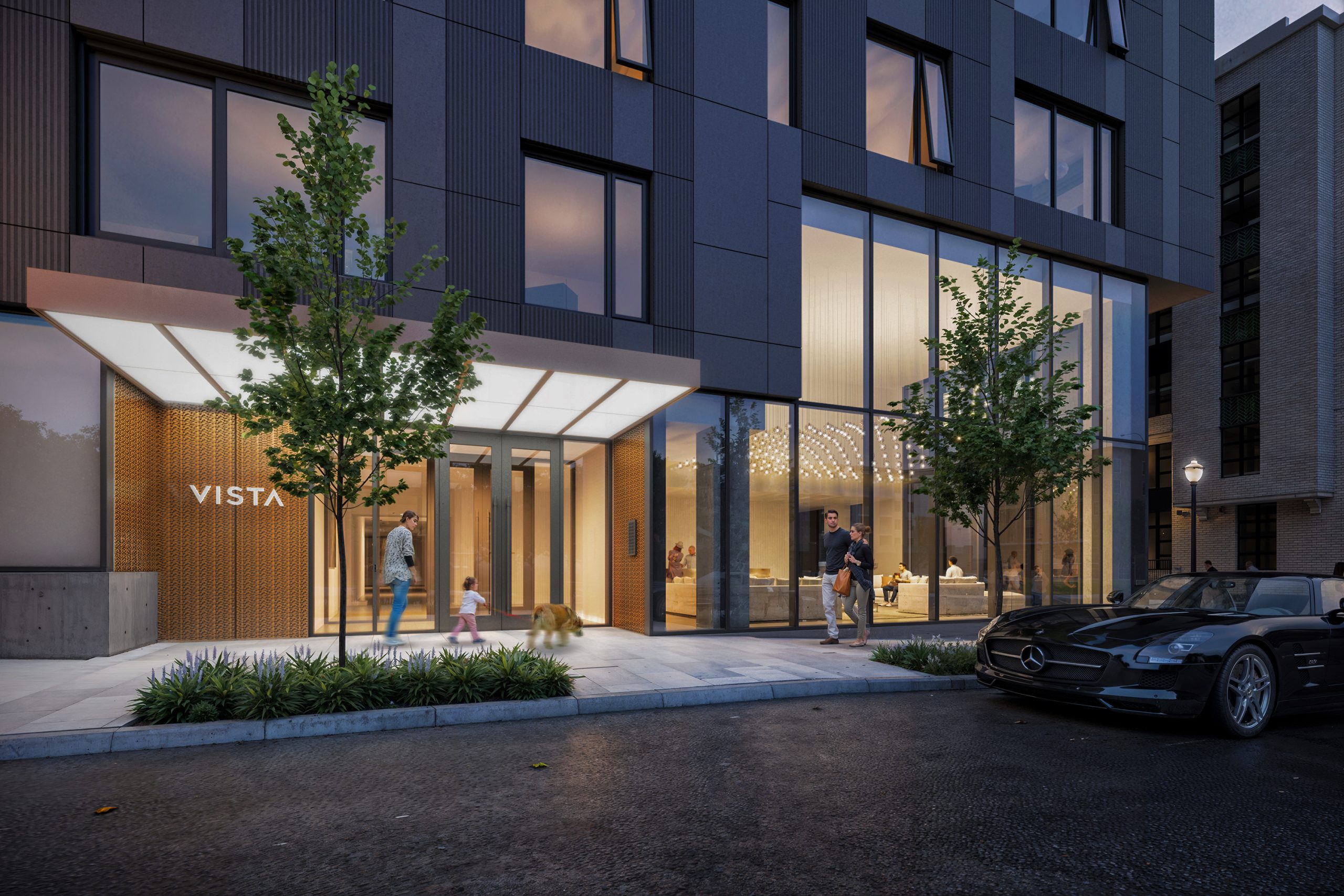 Block 20 Vista Pearl Portland residential entrance architectural rendering by Bogza.com. A dusk street-level view of the luxury condominium's main lobby entrance, featuring the Vista sign, a glowing canopy, a warm illuminated interior, pedestrians, and a parked sports car.