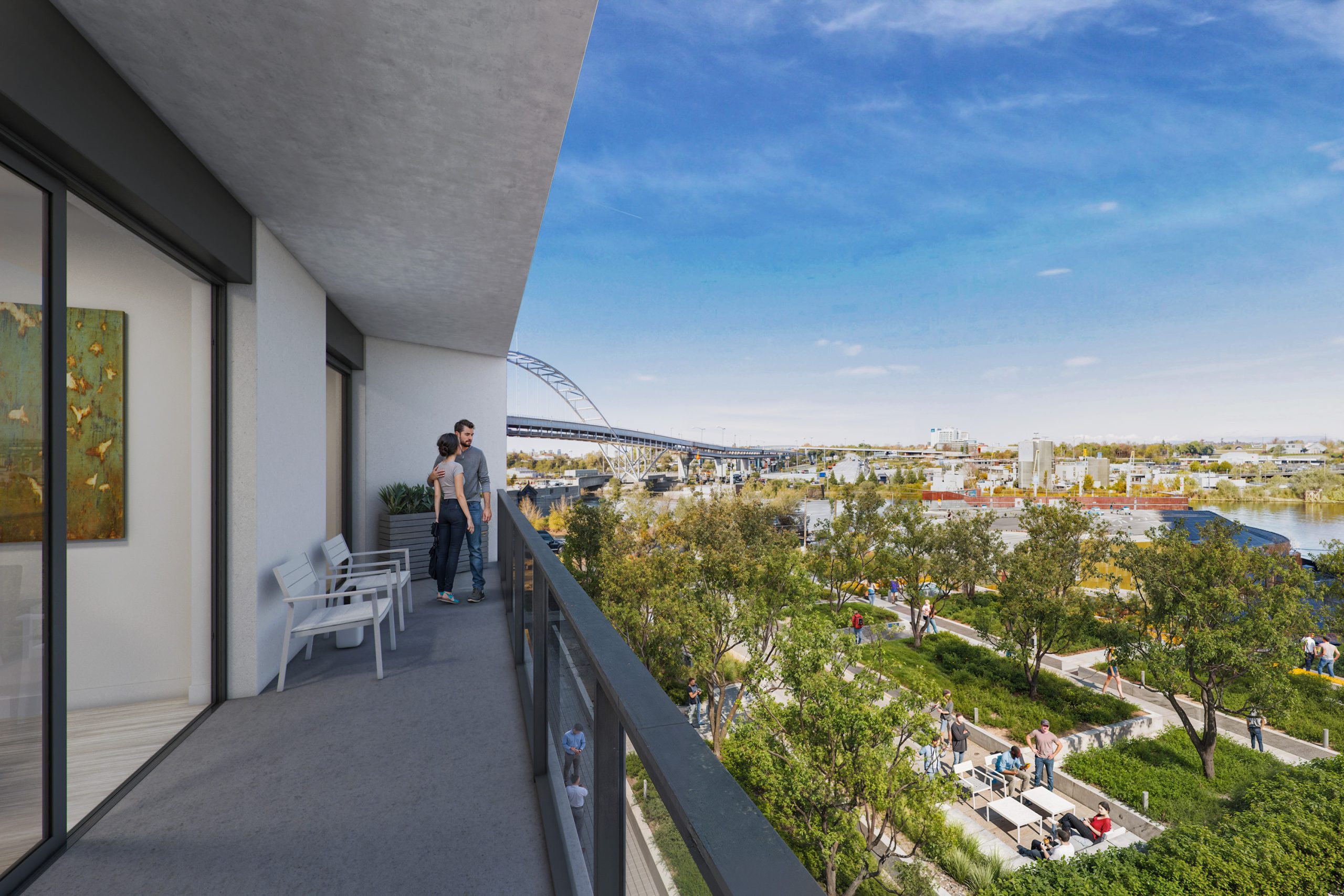 Block 20 Vista Pearl Portland balcony exterior architectural rendering by Bogza.com. A daytime view from a private high-rise condominium deck overlooking the landscaped pathways of The Fields Park, the Willamette River, and the iconic Fremont Bridge in the distance.